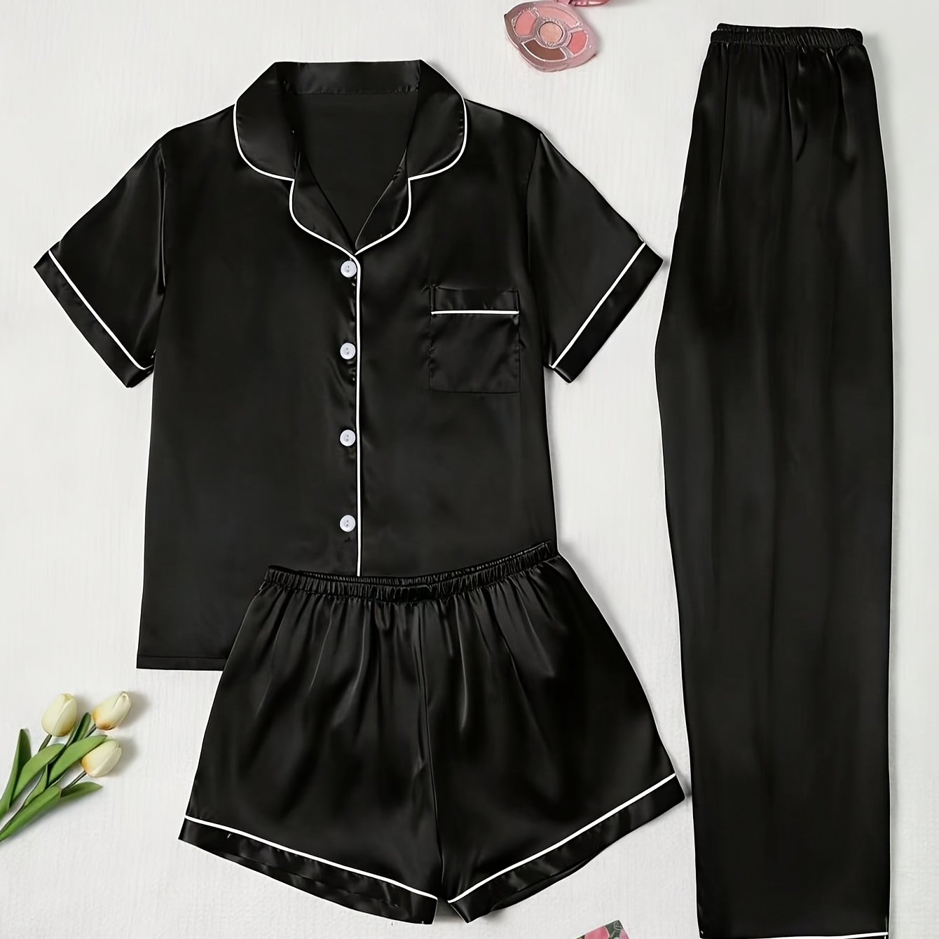 TEMU Kleur Vest Dames Pyjama 3-delige Set, Top met Korte Mouwen en Knoopsluiting met Shorts en Lange Broek, Complete Set voor Casual Gebruik. Zachte