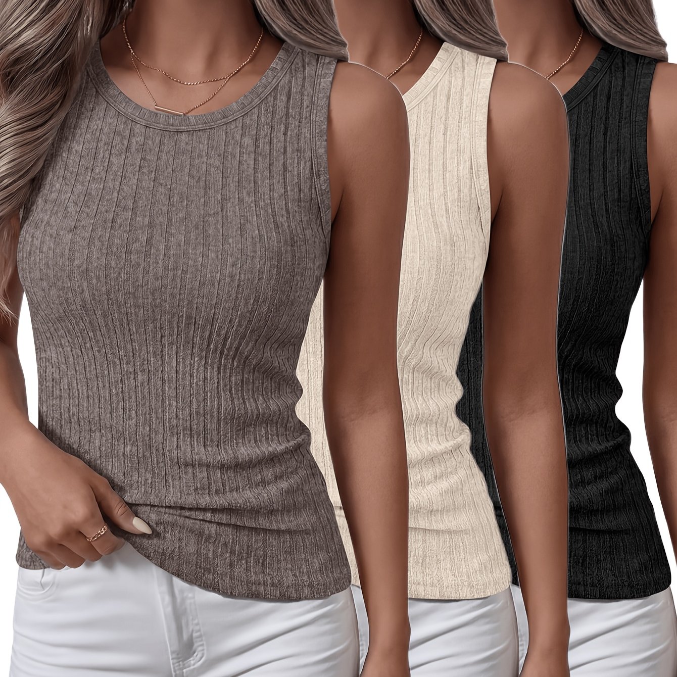 Image of 3pcs Women's Comfortable Crew Neck Basic Soft Slim-fit Tank Tops, Fashionable Casual Sleeveless Vests