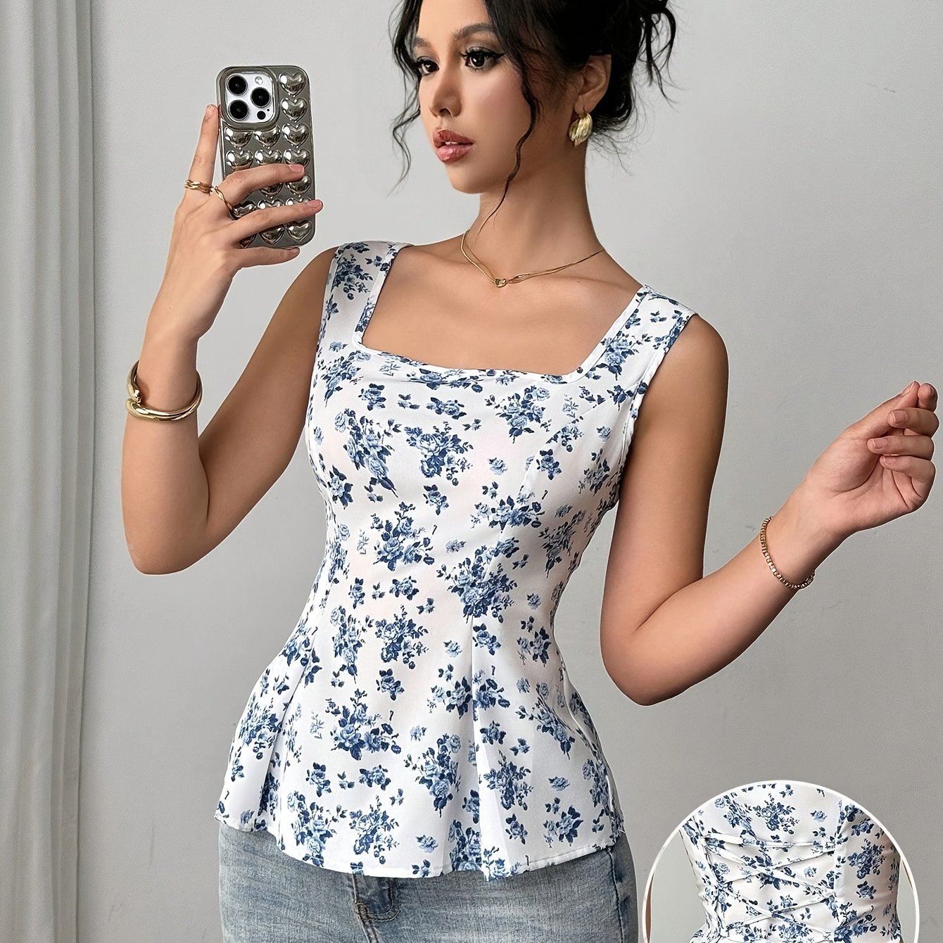 TEMU New Summer Women's Floral Print Tie-back Cinched Waist Sleeveless Tank Top
