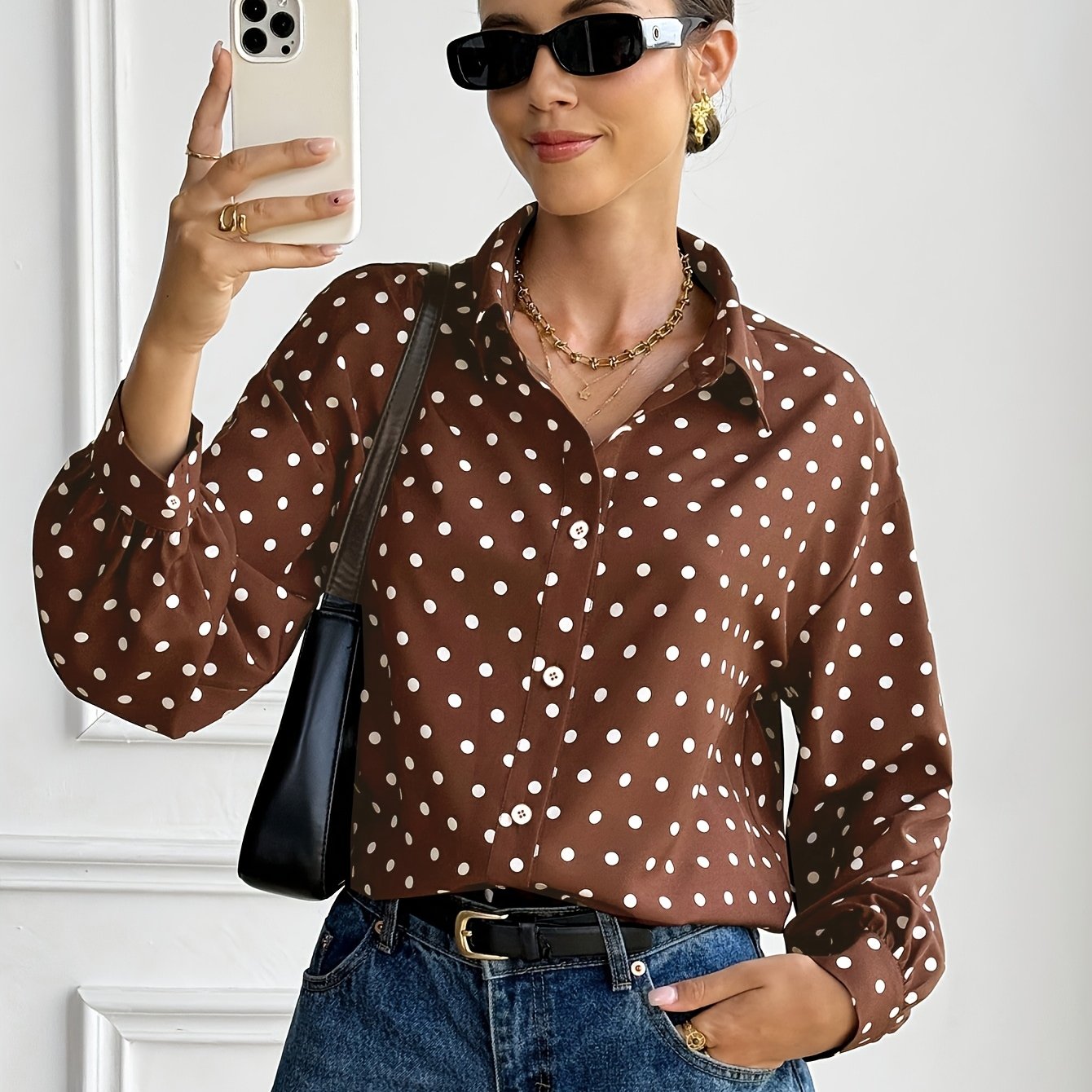 TEMU Women's Casual Polka Dot Printed Front Button Elegant Retro Long Sleeved Shirt