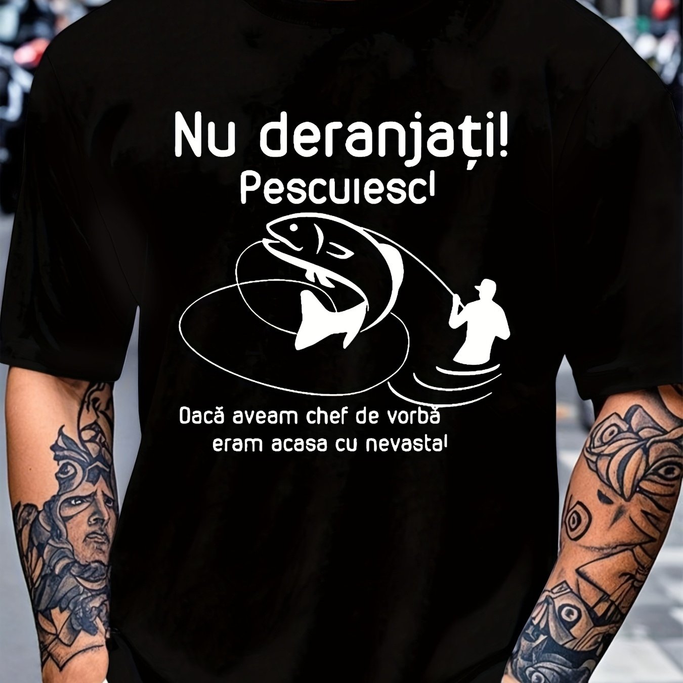 TEMU Men's Funny Romanian Chef Fishing Theme T-shirt - "do Not Disturb Fishing!" Slogan, Black Casual Short-sleeve Shirt, Romanian Design, Machine