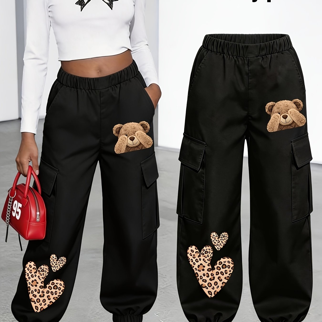 TEMU New Arrival - Women's Long Pants (single Piece), Cute And Fun Pattern Letter Print Cargo Pants, Multi-, Bear Cartoon Pattern, Cargo Style,
