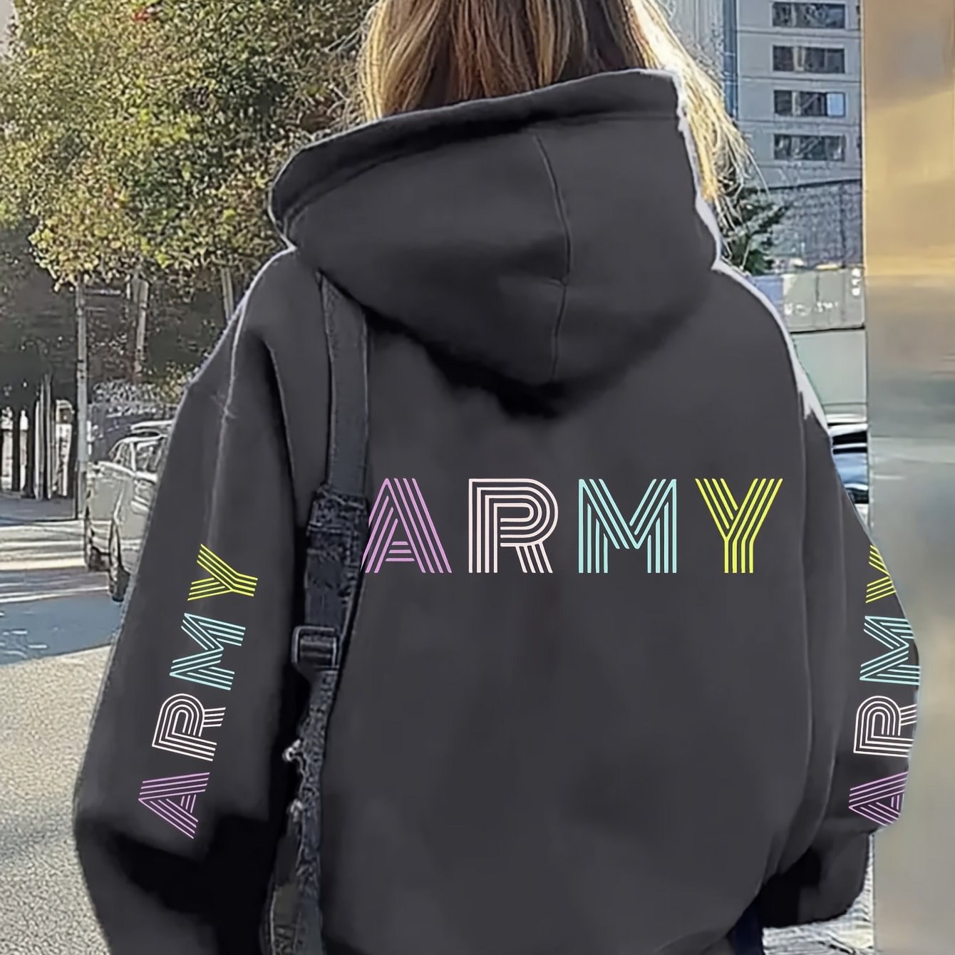 TEMU Plus Size Ladies' Comfortable And Casual Hoodie, "army" Letter Printing, Long-sleeved Round Neck Light Elastic Hoodie, Machine Washable -100%