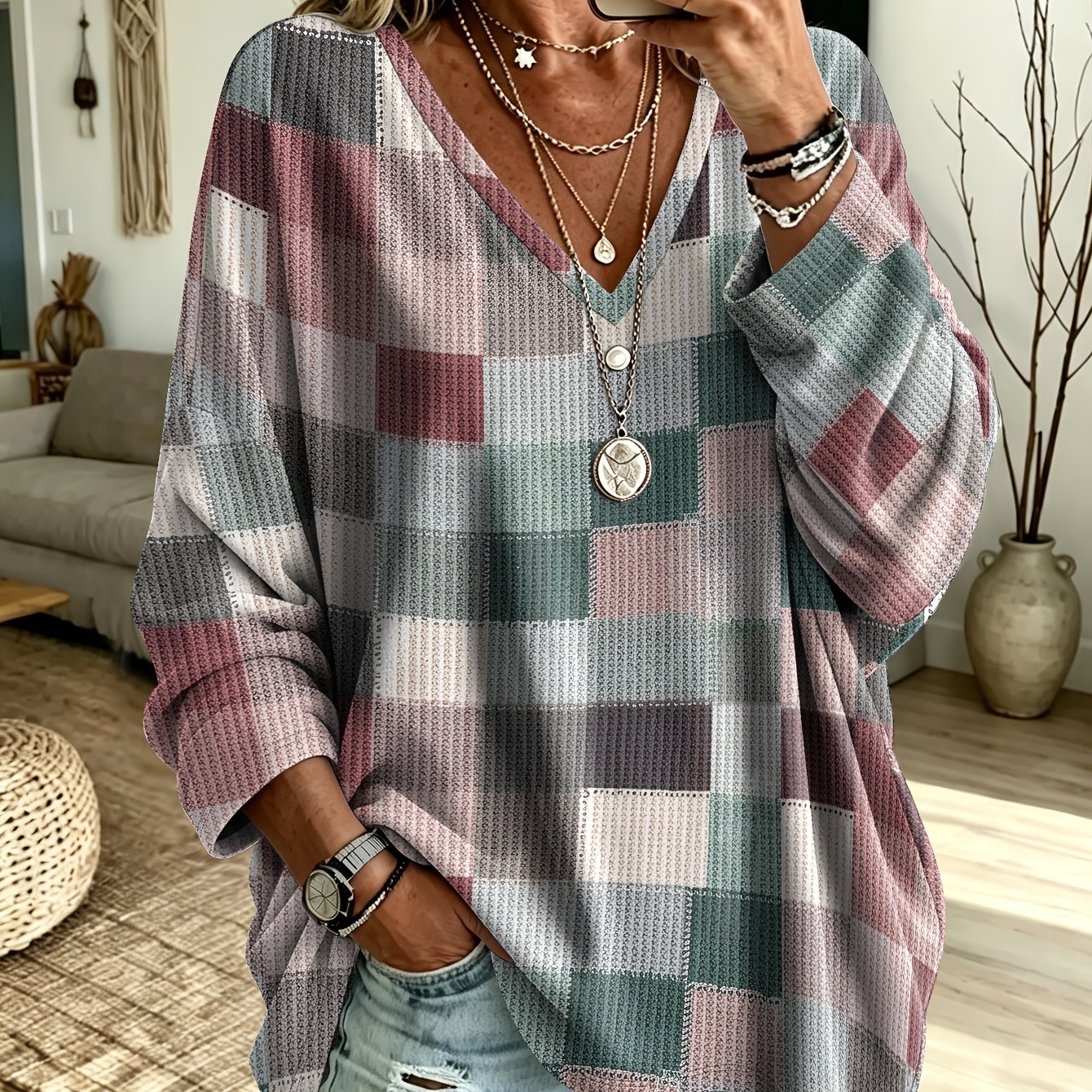 TEMU Plus Size, Plus-size Women's Clothing, Color- Textured Print, V-neck Long-sleeve Pullover, Loose-fitting Conceals Body, No Accessories