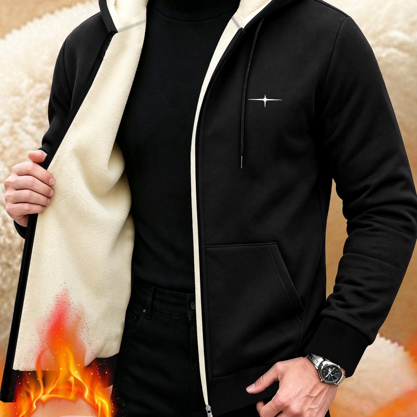 TEMU Men's Thickened Fleece-lined Zippered Hooded Jacket, And Outing Warm , Versatile Warm Fleece-lined Coat Winter Clothes For Men