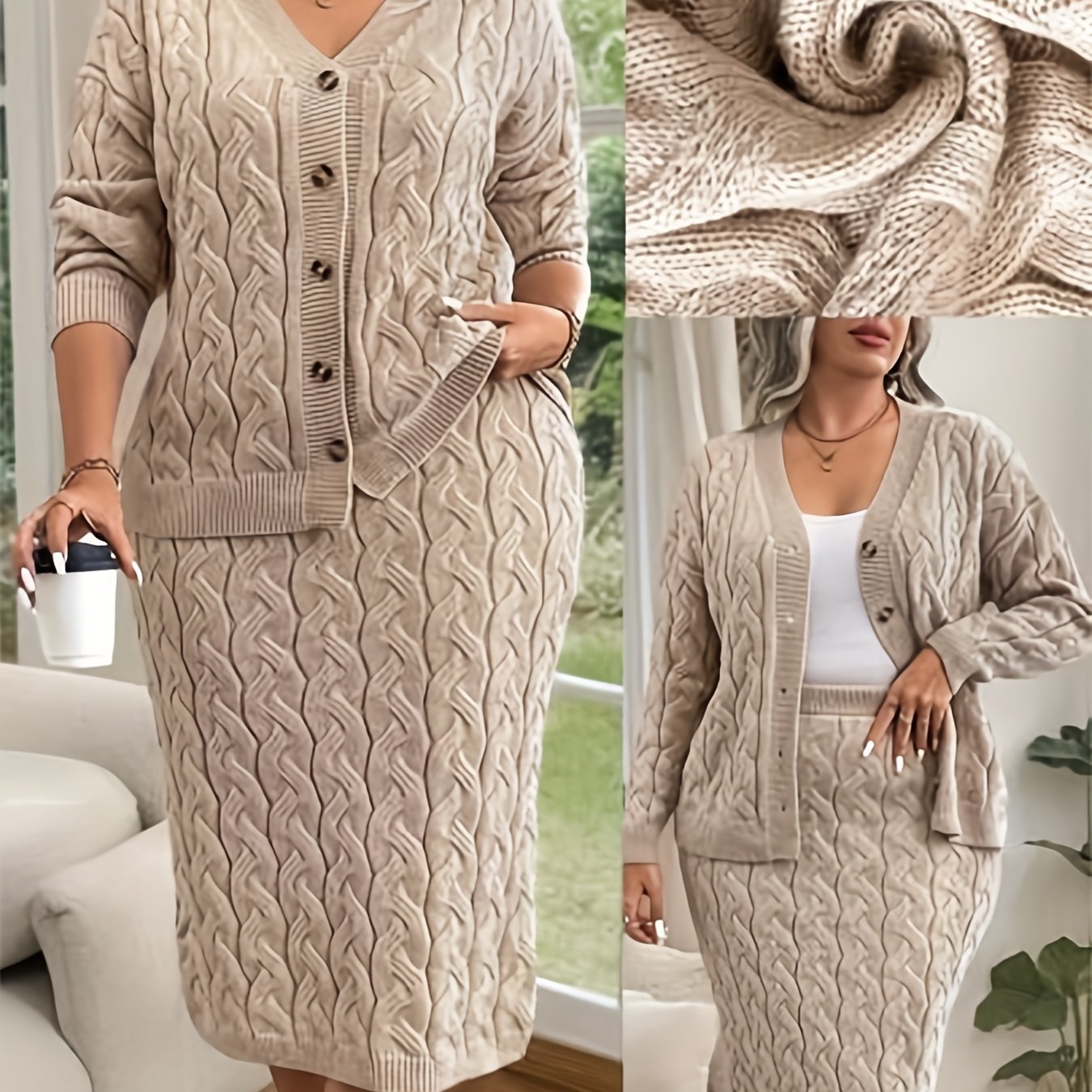 E-shop Plus Size, Vintage Zopfmuster Cardigan Rock-Set in Übergröße, Neues Herbst/Winter 2-teiliges Set im koreanischen Stil, sanfter lockerer Pullover