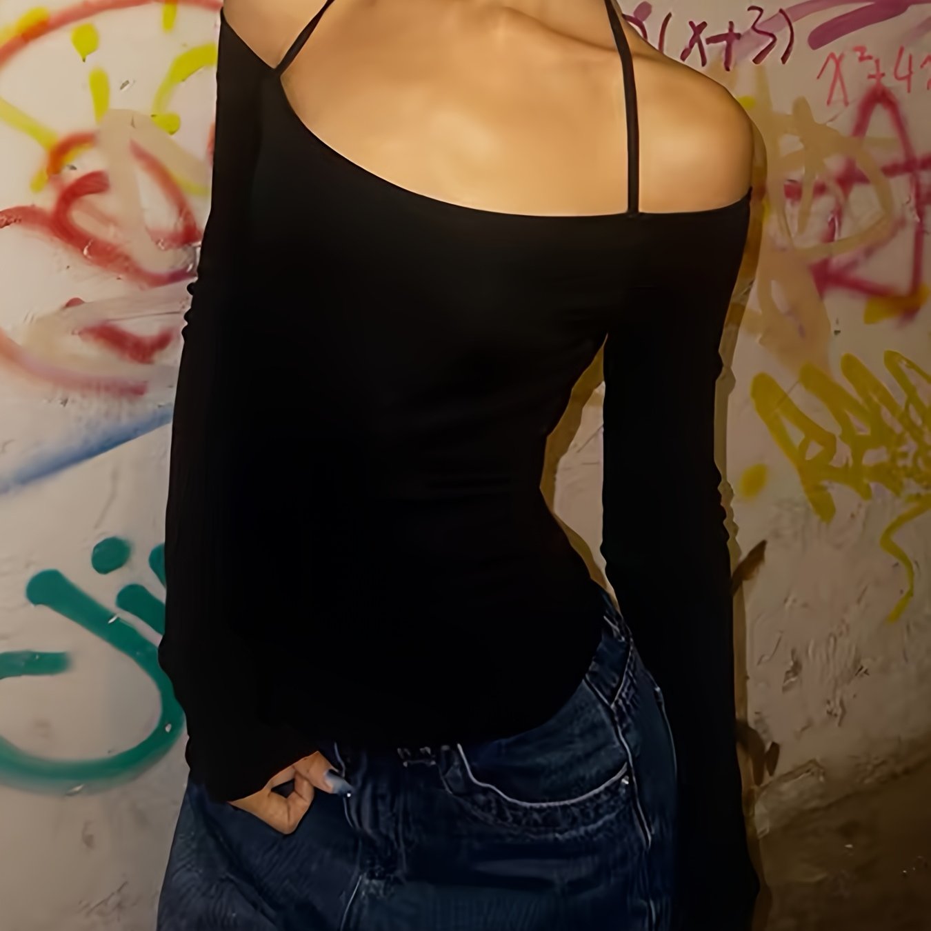 TEMU 1 Casual Off-the-shoulder Long-sleeve T-shirt Top With A Halter Neck