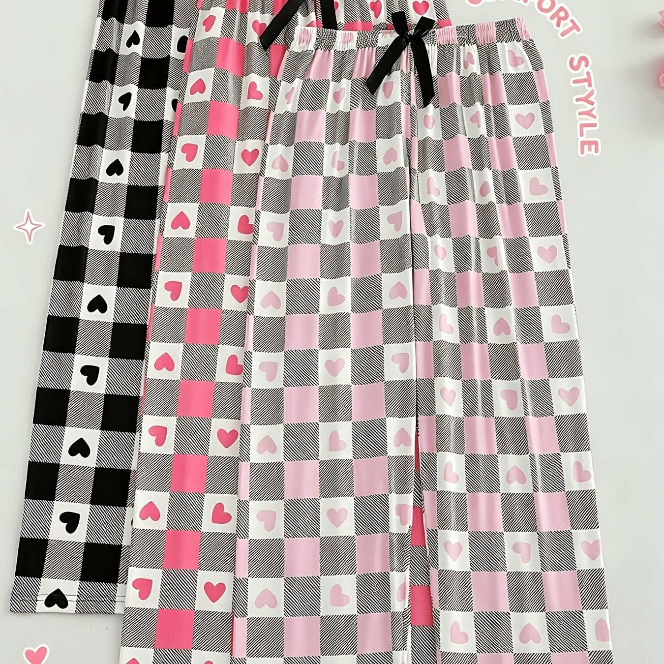 TEMU Autumn/winter Plus Size 3-pack Plaid Heart Print Pajama Pants For Women, Loose Fit High-waist Drawstring Straight-leg Trousers, -friendly Casual