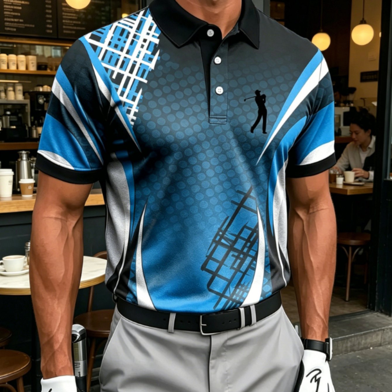 TEMU [print Design-not Textured] Summer 's Blue Black Geometric Polka Dot Golf Silhouette Print Short Sleeve Shirt Breathable Lapel Men's Fashion