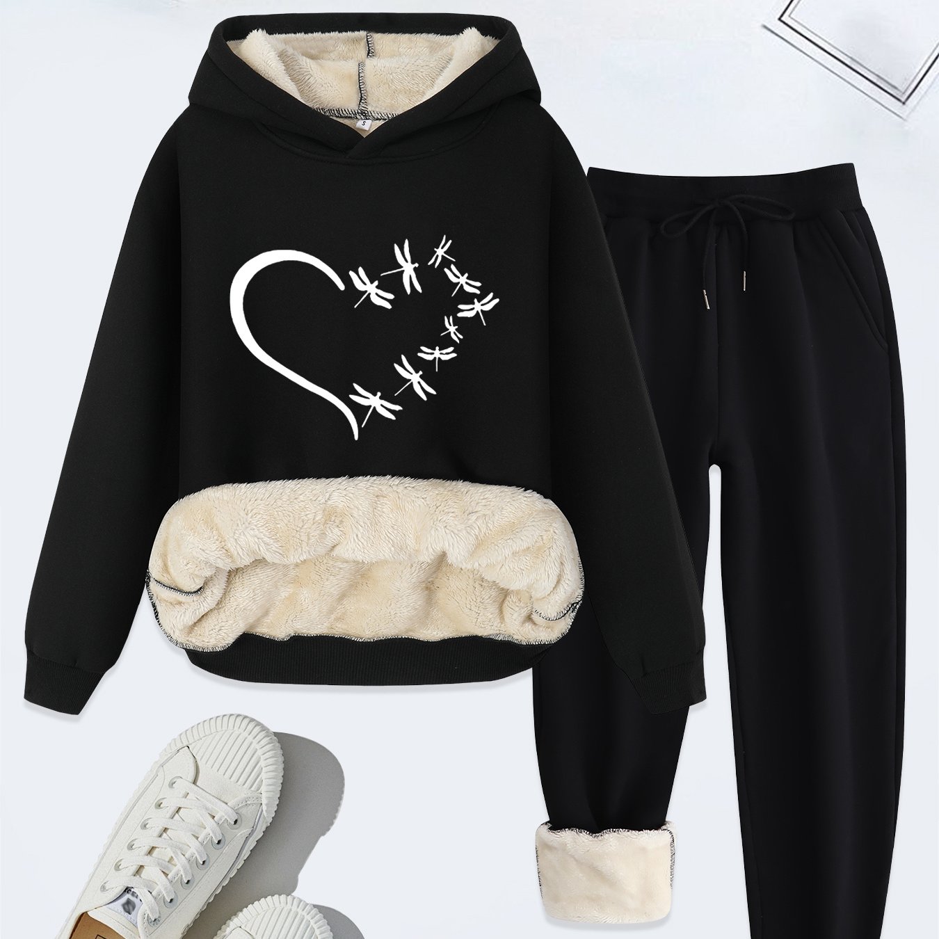 TEMU 2026 Daily Comfortable Autumn And Winter Casual Women's Clothing Set With Heart & Dragonfly Print, Fleece-lined Thick Hoodie With Drawstring And