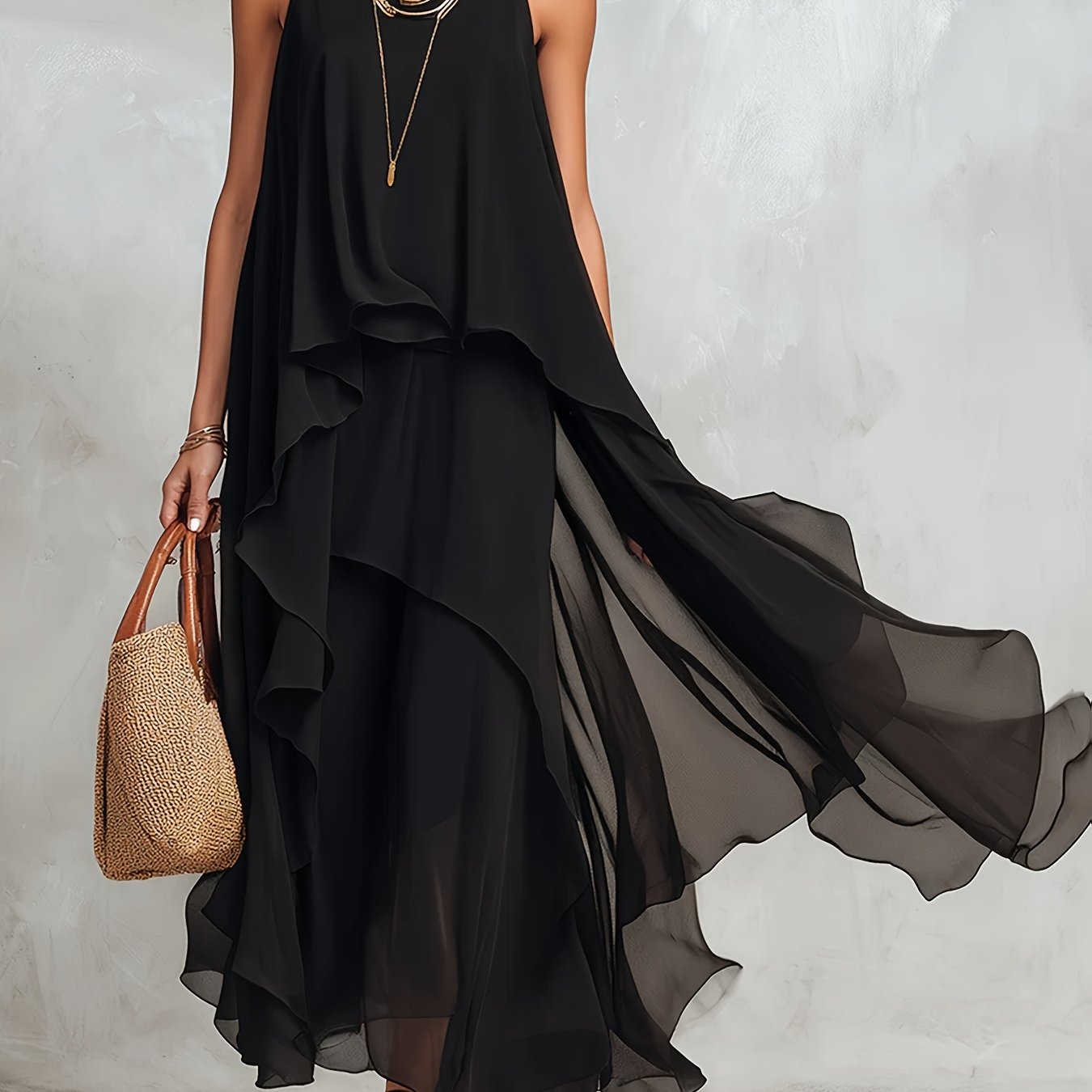 TEMU Fashionable Women's Elegant Solid Color Irregular Design Chiffon Dress, Summer Round Neck Sleeveless Loose Fit Comfortable Vacation Beach Party