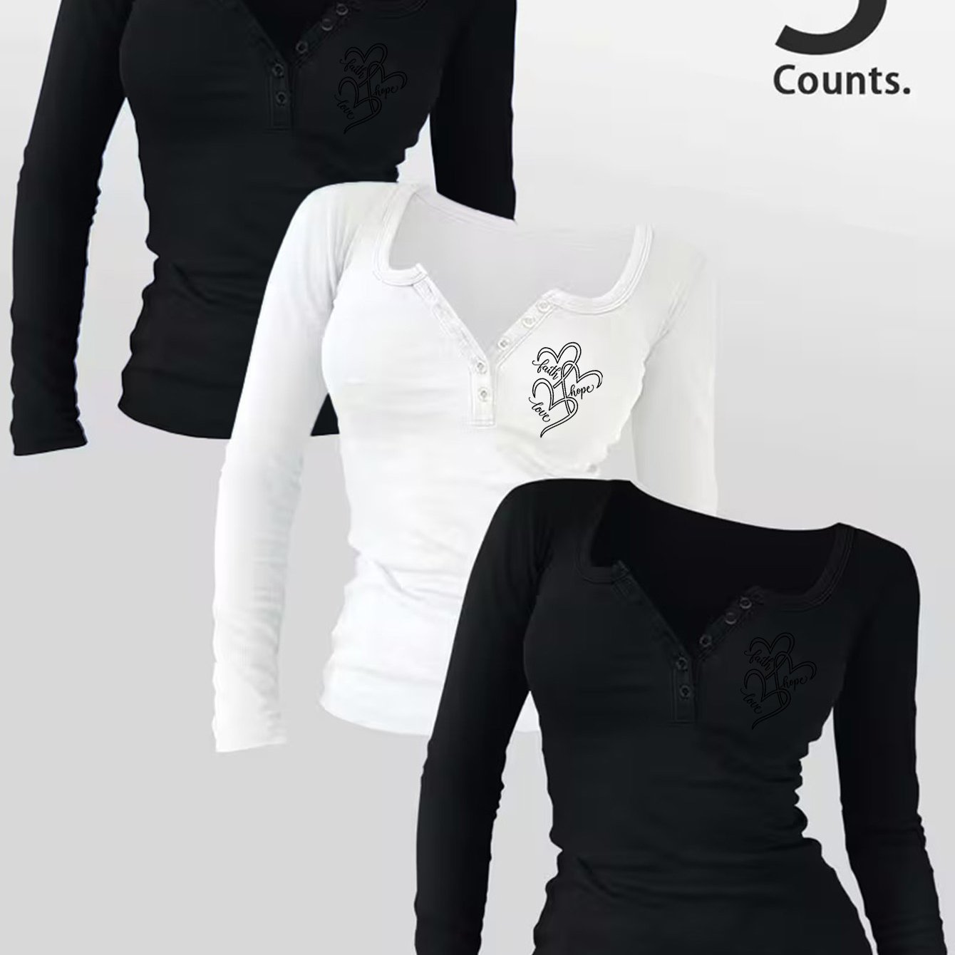 TEMU Henley Button Long Sleeve 3pcs Set, Fit, Versatile For Daily & Layering, Stylish Athletic Long Sleeve Tops