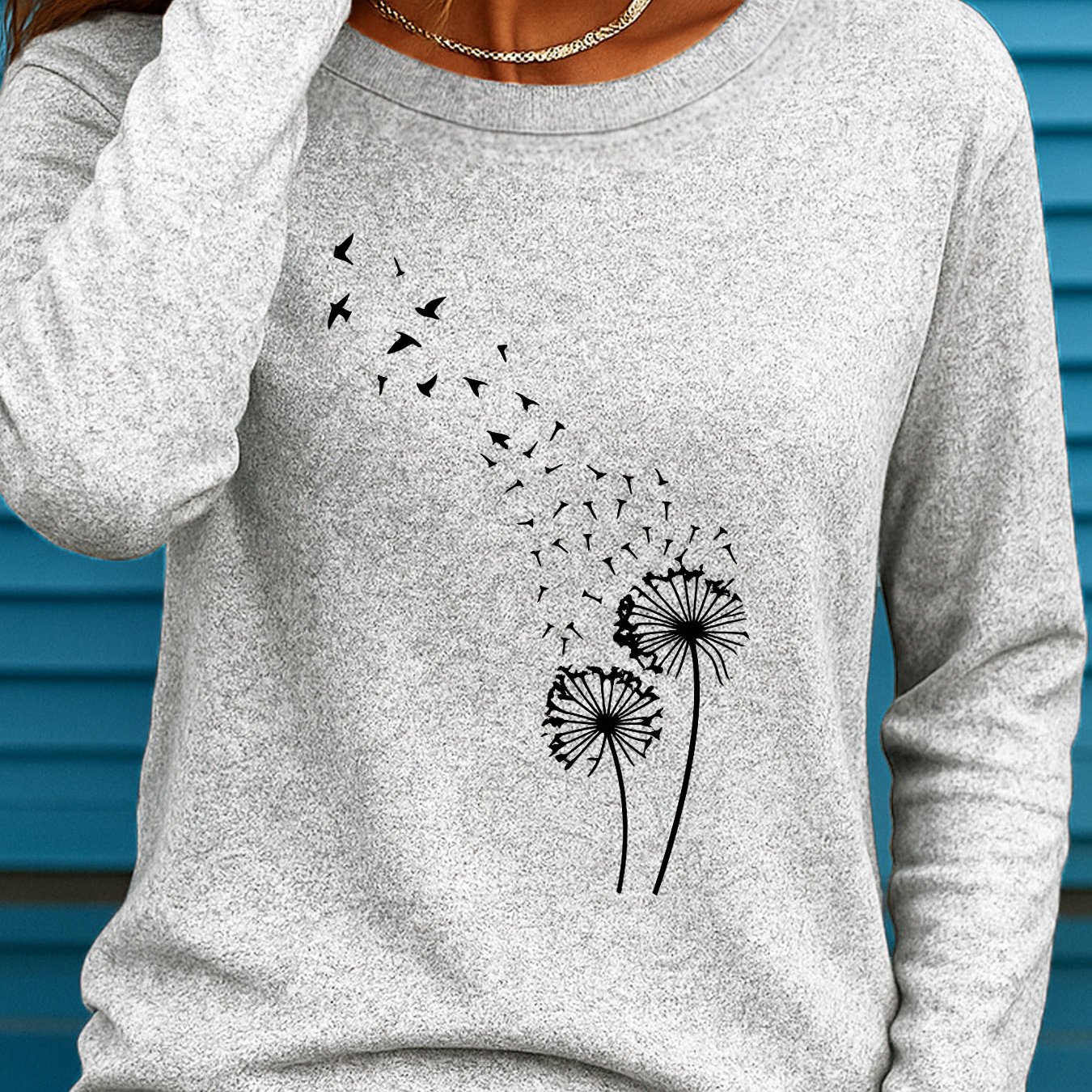 TEMU Women's Plus Size Oversized Long Sleeve Round Neck T-shirt With Dandelion Print - Casual Winter Blouse, Medium-stretch Fabric For Fall/winter