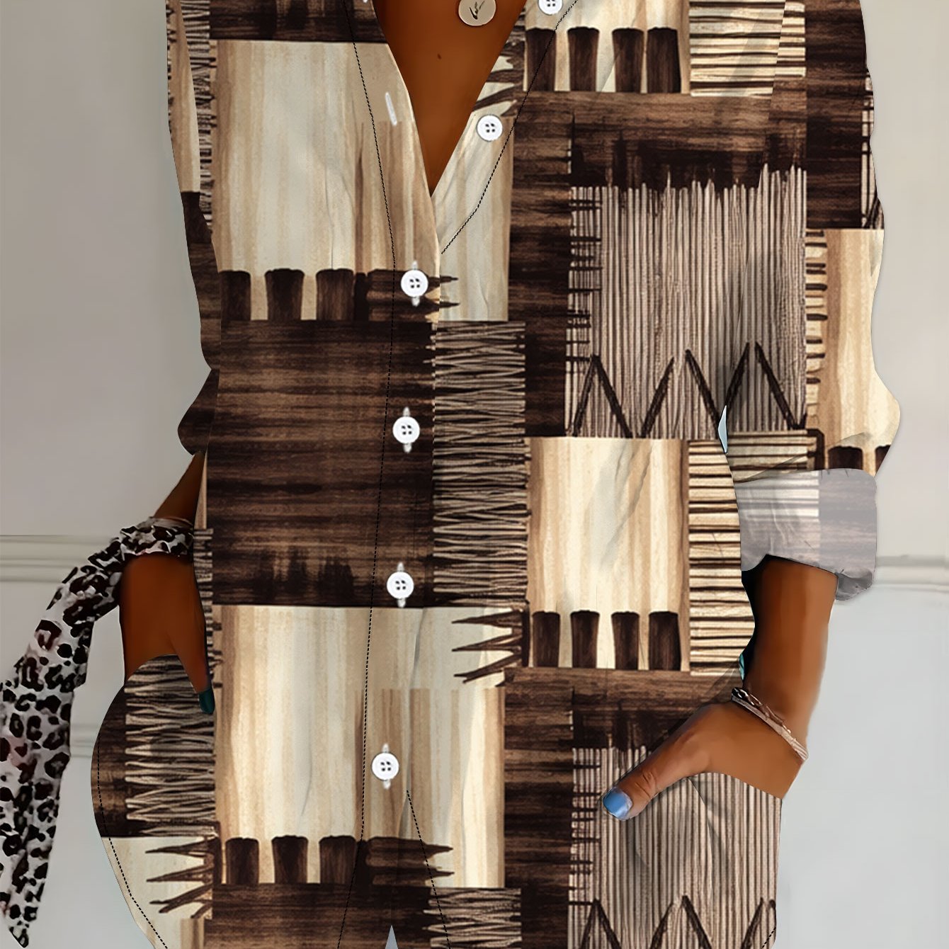 TEMU Plus Size, New Plus Size Women's Long Sleeve Printed Shirt, Versatile And Elegant Shirt For Women, Tan Geometric Abstract Pattern, Loose 's Long