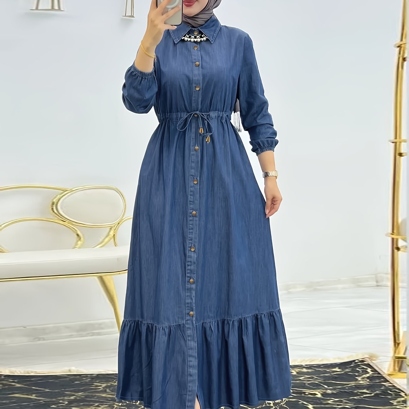 Image of [printed Pants - Not Denim Fabric]middle Eastern Temperament Waist- Belted Denim Women's Lapel Fashion Open-front Button- Dress (excluding Headscarf)