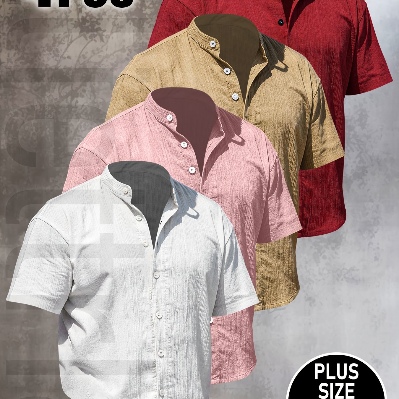TEMU Darwin Obm 4pcs Men's Plus Size Summer Short Sleeve Shirts - Lightweight And Breathable Solid Color Button-up Shirts, Casual Stand Collar Tops,