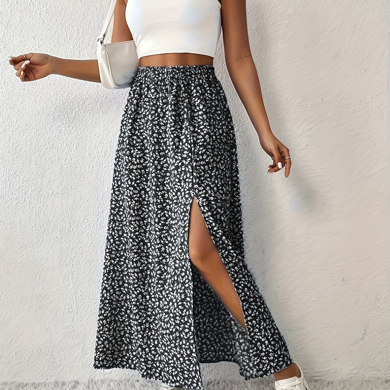 Women's Elegant Floral Print Maxi Skirt With High Slit - Black & White , Loose Fit, Long Length For Spring/summer/fall, Casual Attire|floral Print Skirt|elegant Casualwear