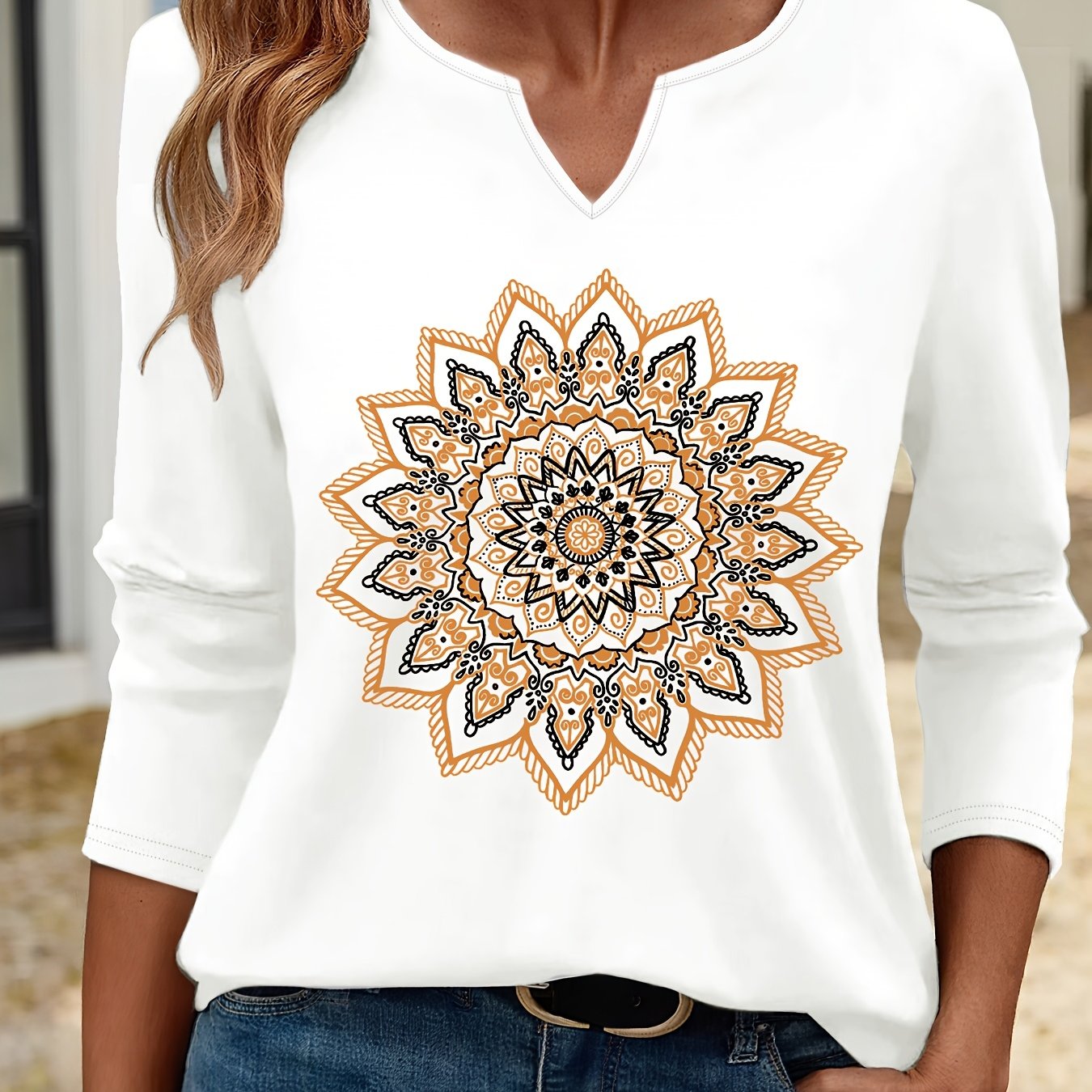 TEMU (058#) Camiseta Casual de Larga para Mujer, Cuello en Estampado de Mandala Étnico, Estilo Holgado y Versátil para /Otoño