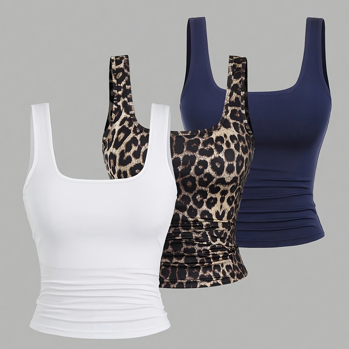 3pcs Women's Summer Square Neck Pleated Fitted Camisole Vest