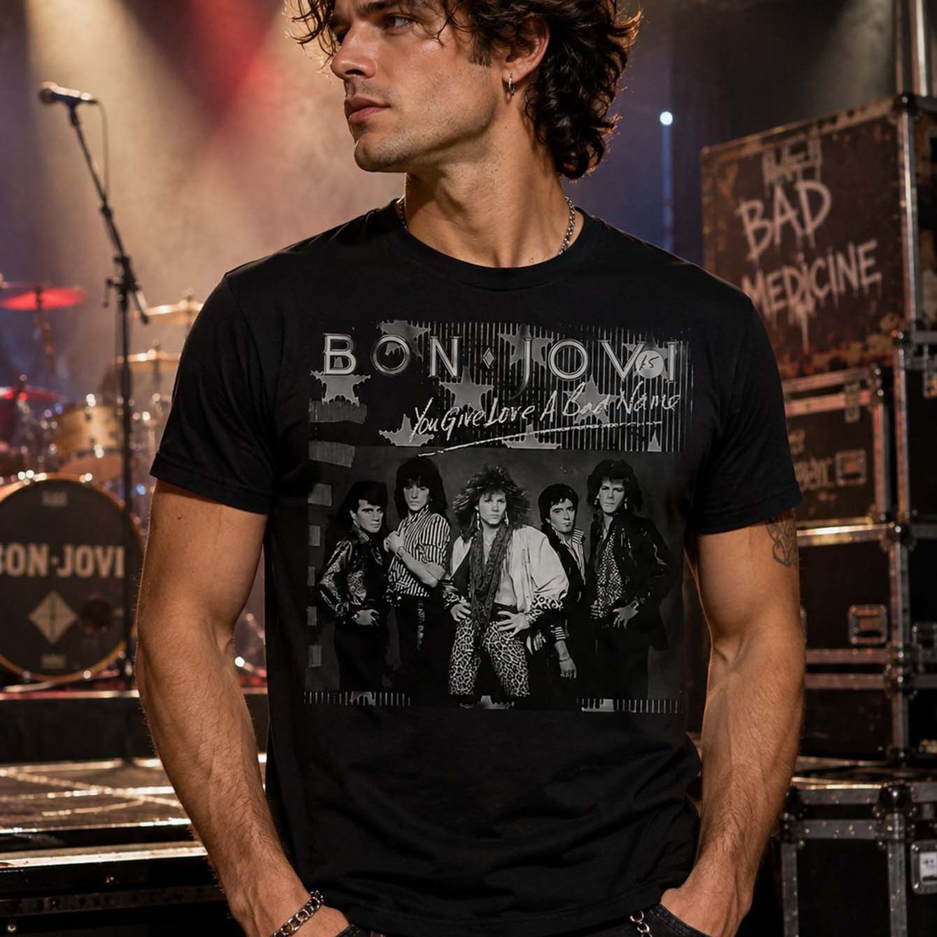 Image of B And Jo Love You A Bad Name Band Photo Print Black Crew Neck Casual T-shirt Short Sleeve Tee (1)
