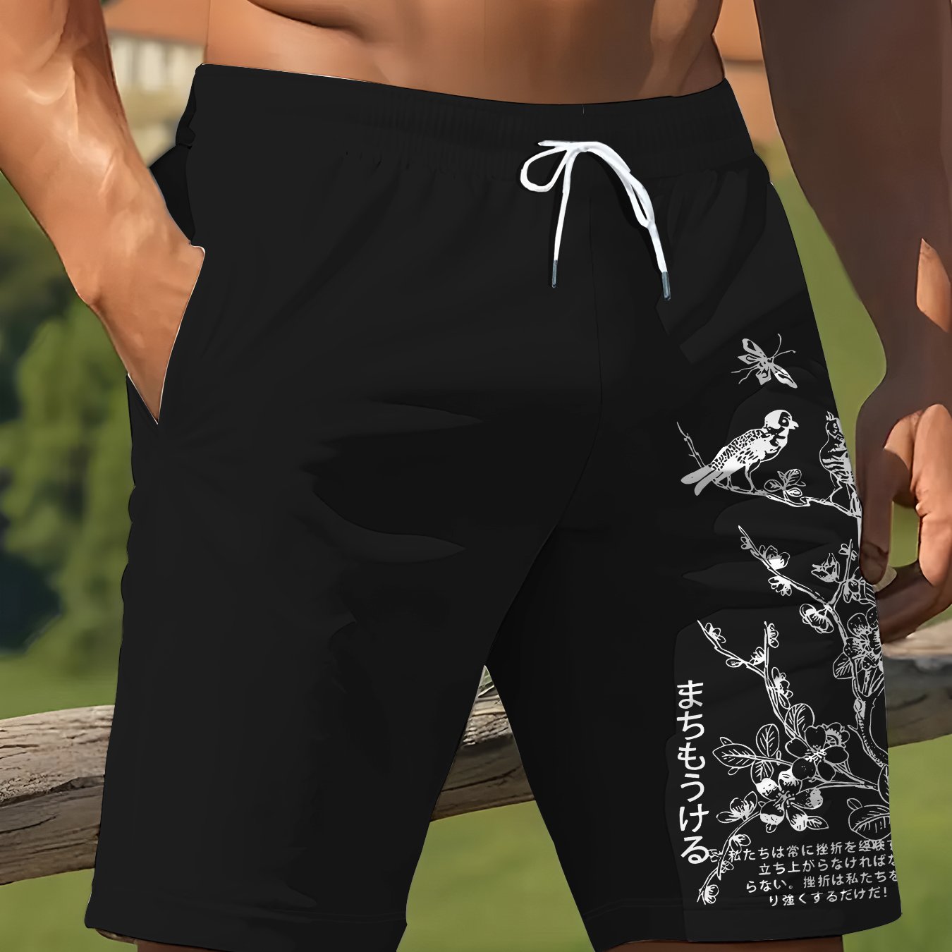 TEMU Men's Casual Print Quick-dry Shorts, With Japanese Floral And Bird Branch Tokyo Letter Print, Retro , Suitable For Beach, Pool, Gym, And Casual