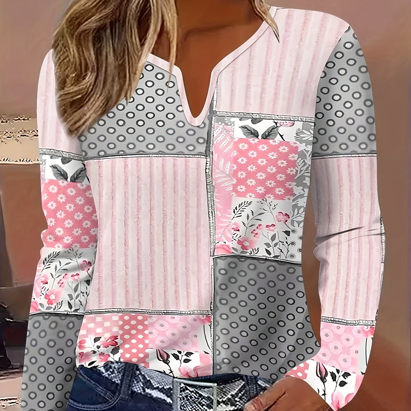 TEMU Women's Elegant V-neck Long Sleeve T-shirt - Non-sheer Office And Casual Top, Machine Washable For Wear, Clothing, Opaque Fabric, Medium Stretch