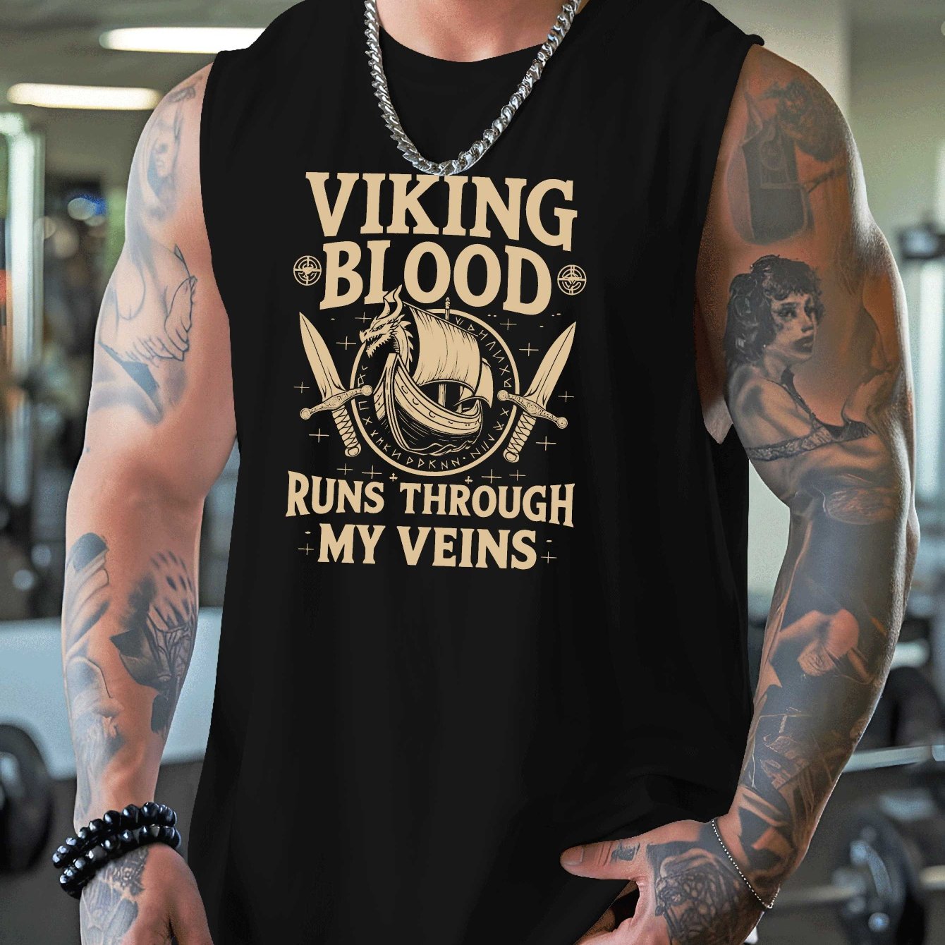 TEMU [printed Design - Not Textured] Viking Men's Plus Size Loose Tank Top, Summer Breathable Quick-dry Basketball Fitness Sleeveless T-shirt, Street