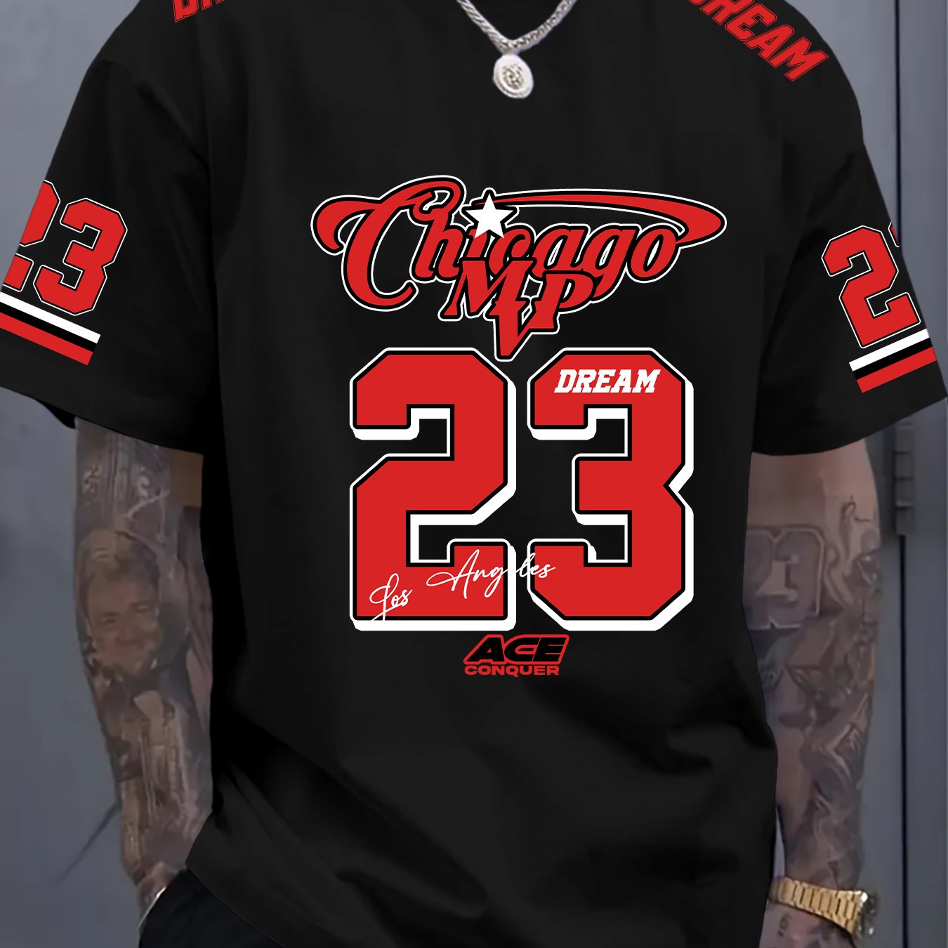TEMU Trendy Men's Chicago 23 Print Short Sleeve T-shirt | Loose Fit, Crew Neck, Stretch Fabric, Perfect For Summer Casual Weekend Wear