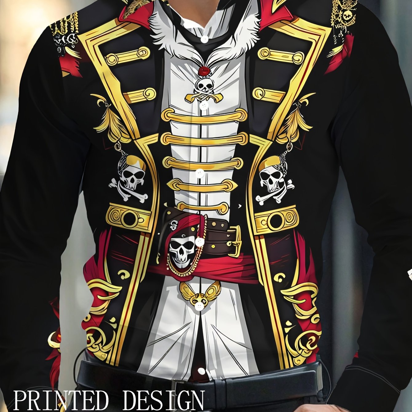 TEMU Printed Design – Not Textured Men's Shirt Button-up Top With Lapel Collar, Featuring A Stylish Skull Pirate Captain In Ornate Attire Surrounded