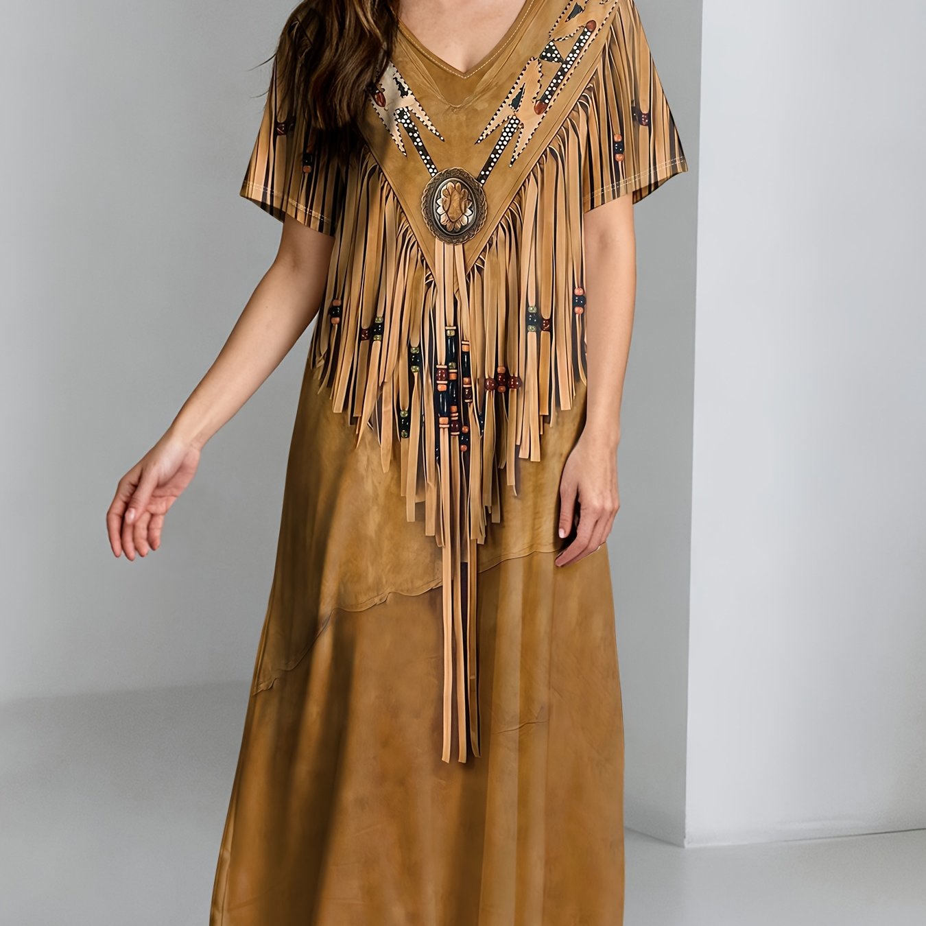 TEMU Elegant V-neck Ethnic Style Tassel Print - Casual And Elegant Maxi Dress, Short Sleeves, V-neck, Flowy Skirt, Perfect For Summer, Casual And
