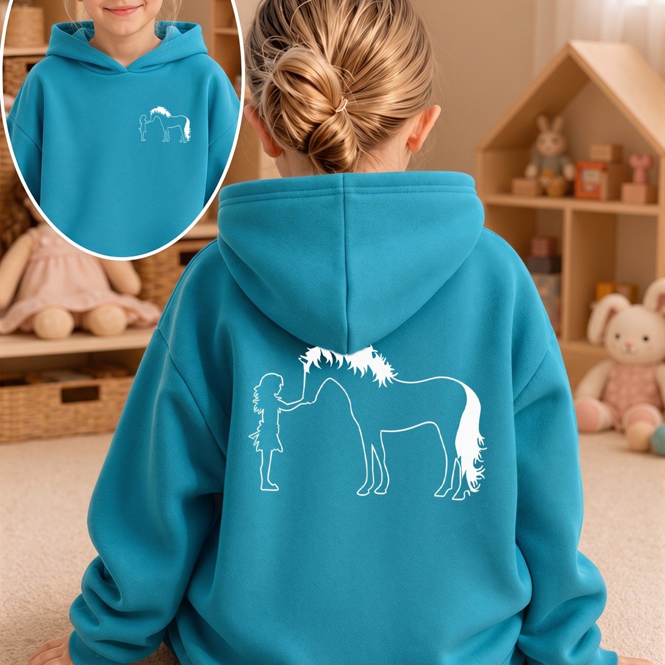 Image of Girls' Autumn And Winter Soft Terry Hooded Sweatshirt, Stylish Girl And Horse Creative Exquisite Print On Sides, Simple And Versatile Style, Easily With Girls' Daily Bottoms