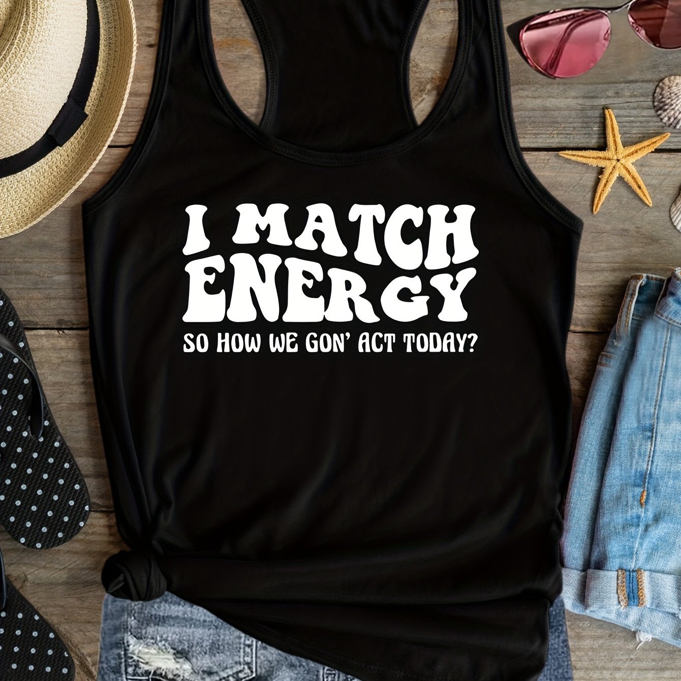 TEMU Women's Plus Size "i Match Energy" Letter Print Tank Top, Casual Scoop Neck Vest, Polyester Knit Fabric, Medium Stretch, Alphabet Pattern,