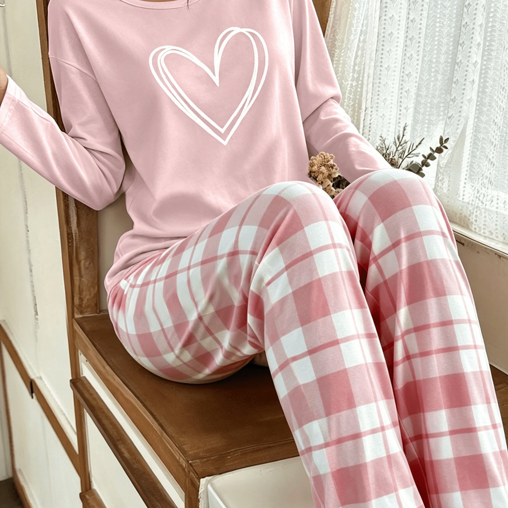 TEMU Women's Long Sleeve Long Pants Pink Pajama Set Pink Heart Pattern Printed Top Pants Two-piece Set