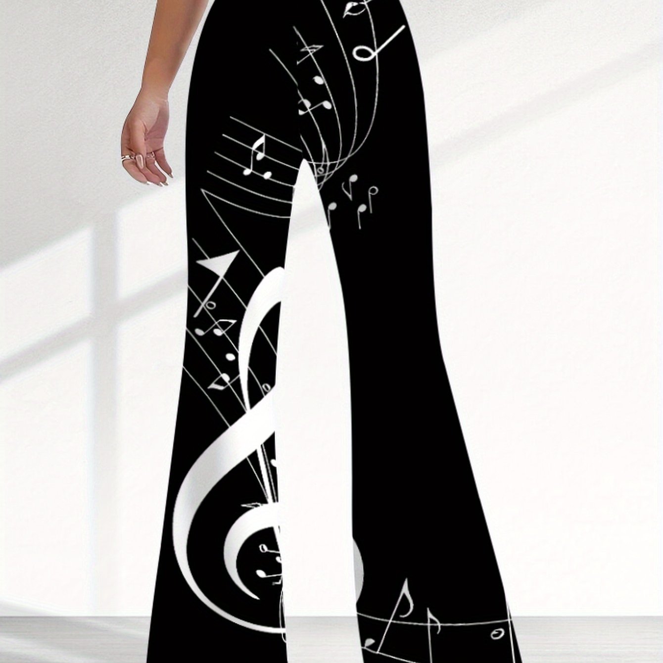 TEMU Pantaloni lunghi da donna con stampa , motivo elegante, vivace e con note musicali, righe di a colori e contrastanti, design e casual, sexy e