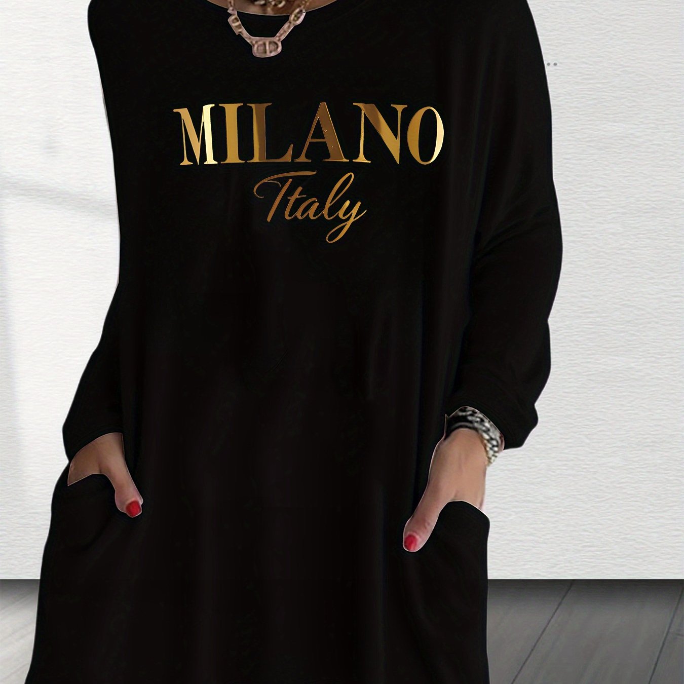TEMU T-shirt Femme à Manches Longues avec Poche - Col Rond , Imprimé Lettres Dorées, Style Décontracté Polyvalent et Tendance, Lavable en Machine,