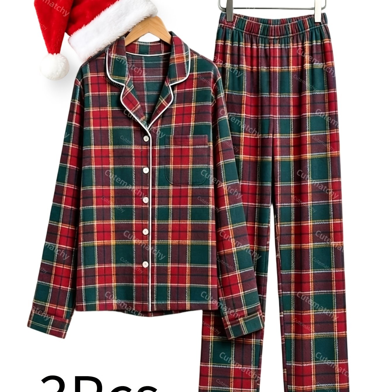 Image of 3pcs Vintage Red And Pajama Set, Long Sleeve Button- Loungewear With Santa Hat, Cozy Christmas Sleepwear For Women