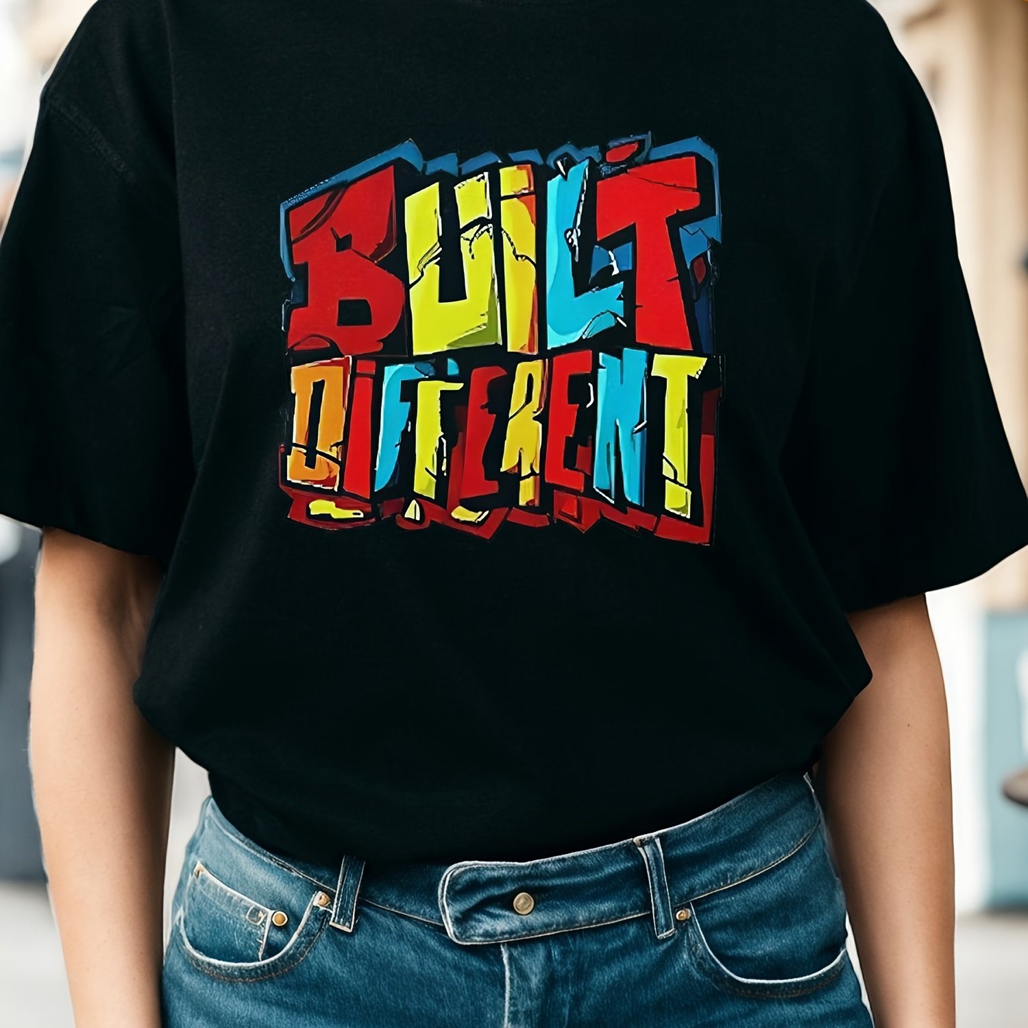 TEMU Letter Print Short Sleeve T-shirt, Casual Crew Neck Top For , Women's Clothing