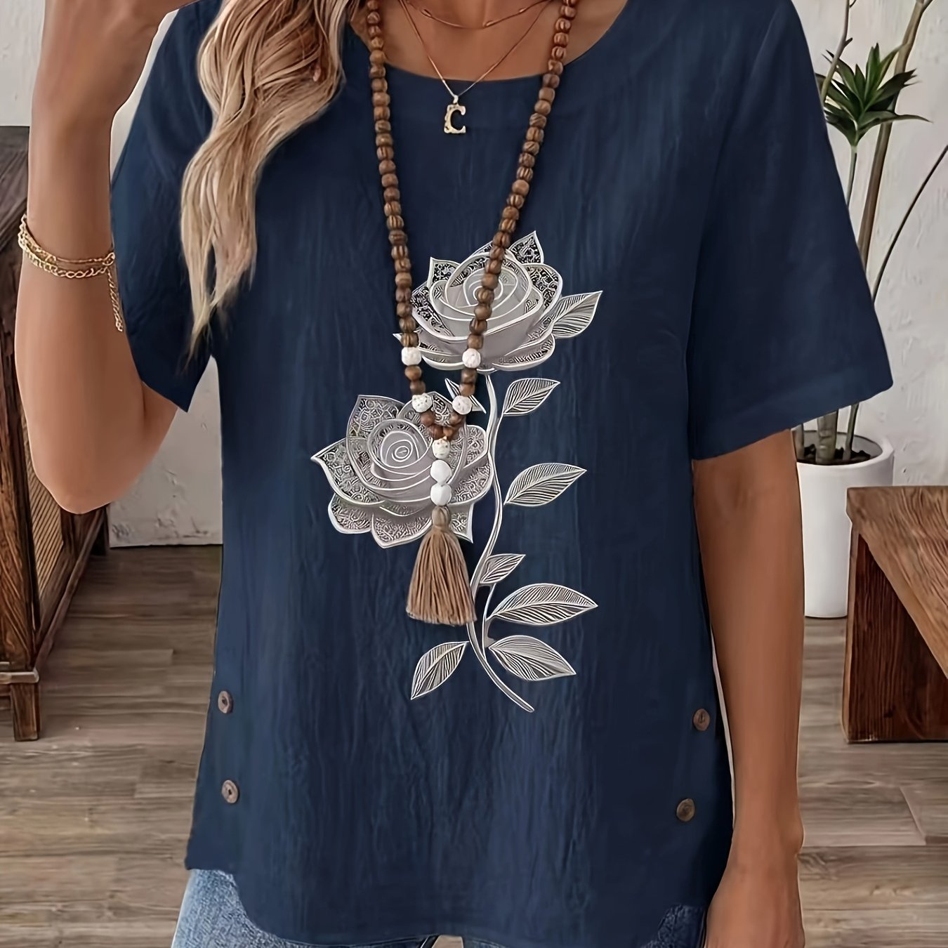 TEMU Spring/summer Women's Top, Metallic Style, Silvery Rose, Floral Vine, Elegant, Mature, Casual, Round Neck, Printed, Short Sleeve, Women's