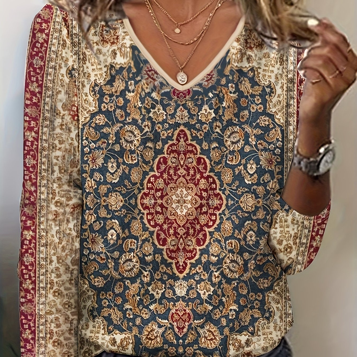 Casual Women's Ethnic Color Block Print Long Sleeve Top