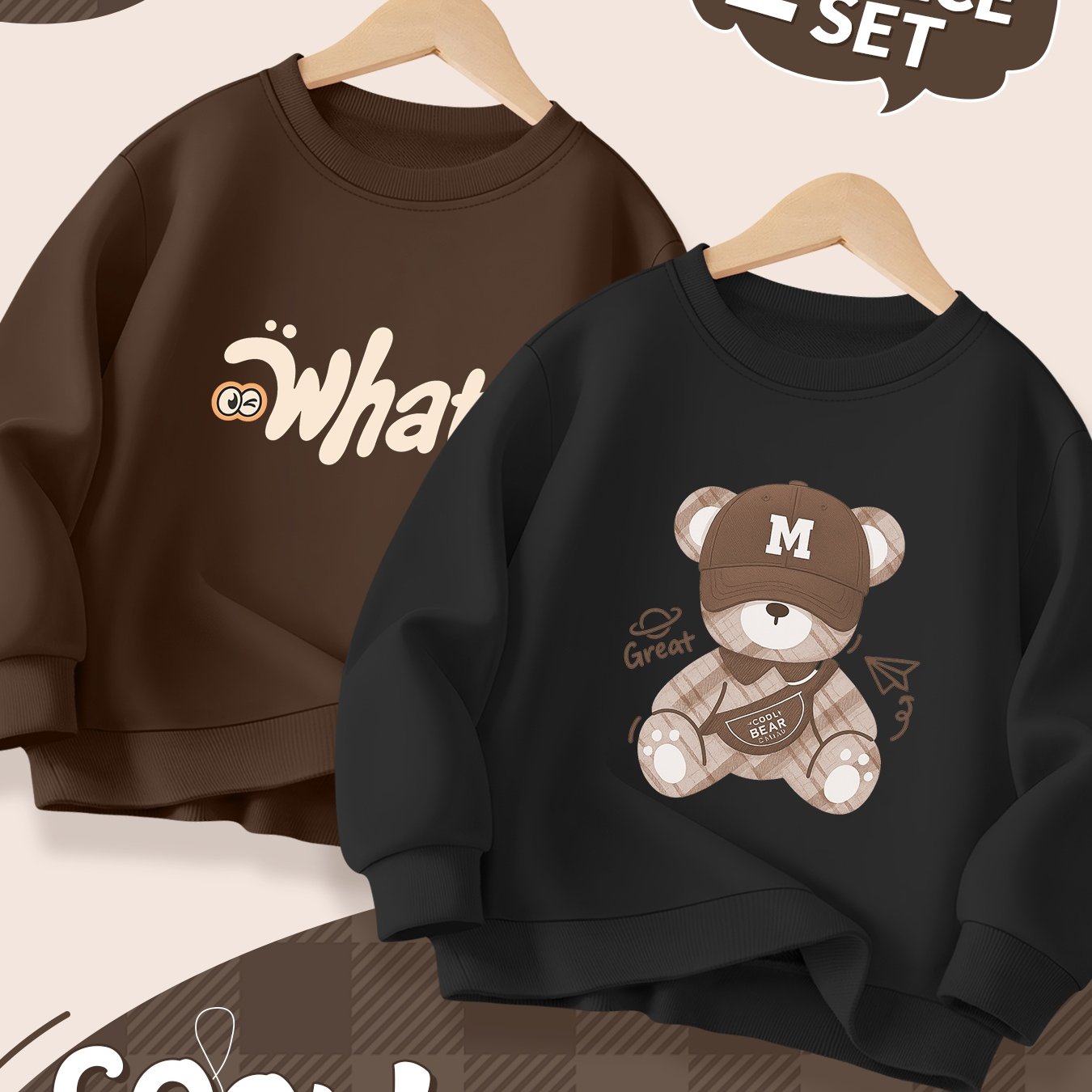 2pcs Boys' Casual Sweatshirt Set with Bear & Letter Graphics
