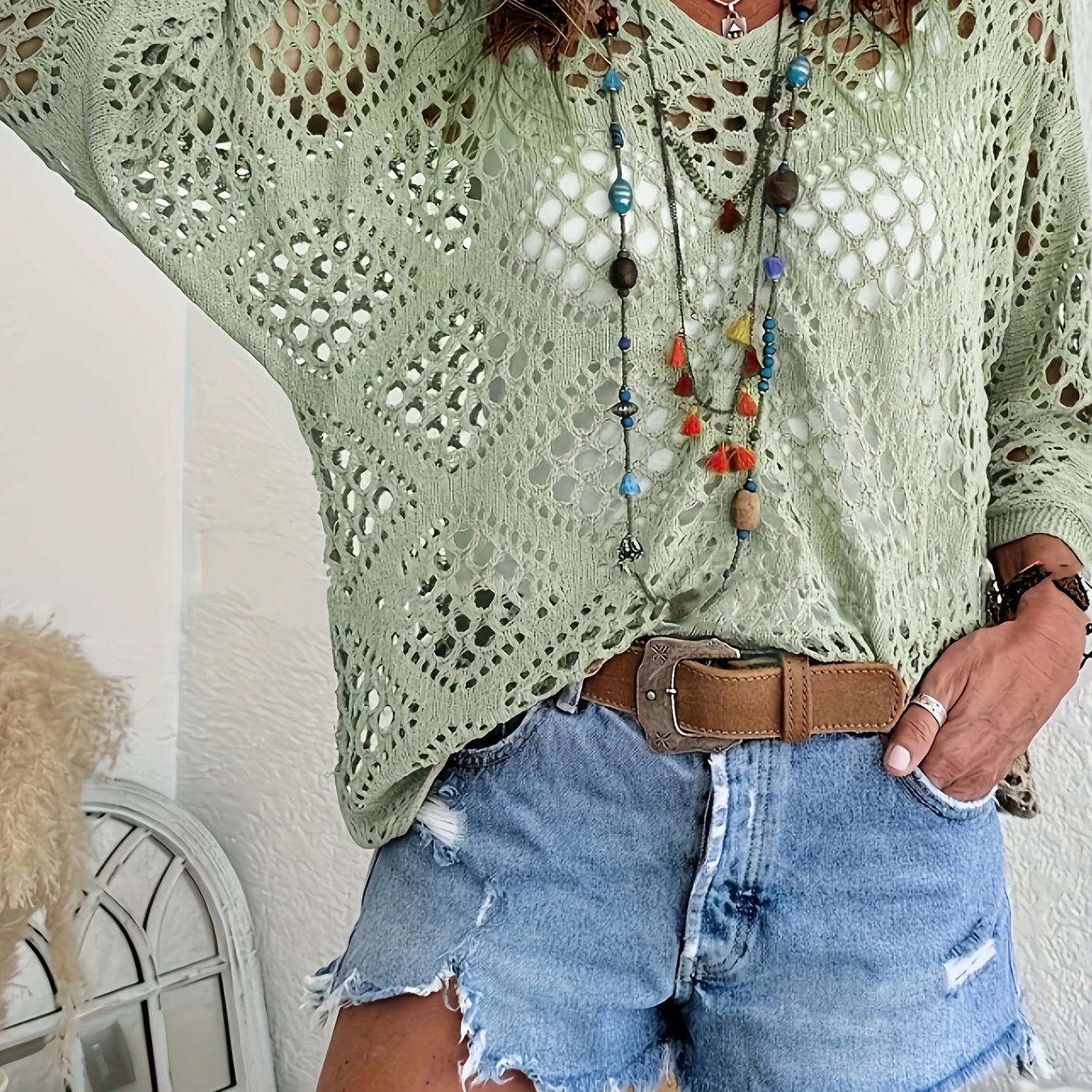 TEMU 1pc Women's Sweater With Lace Cutout, Sexy Loose Top