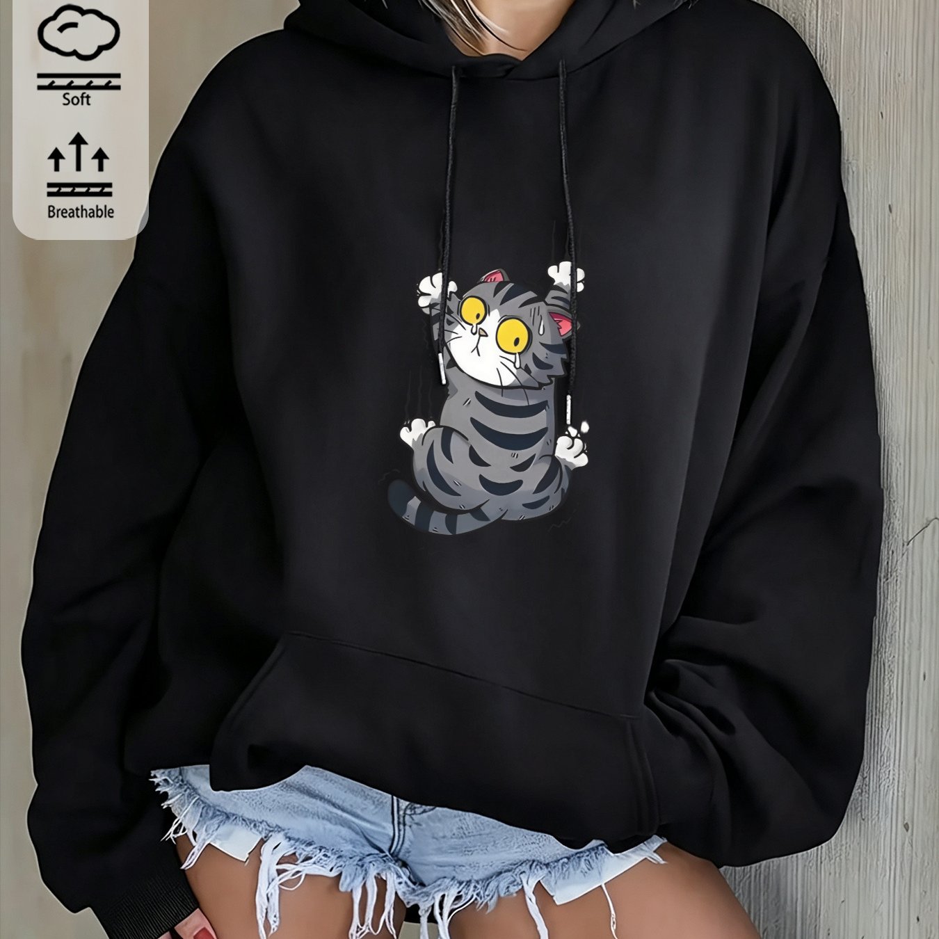 Image of Autumn Winter Women's Fashion Pocket Hooded Drawstring Sweatshirt With Cartoon Cat Print, Casual Cute Loose Pullover Coat For Ladies Daily Wear