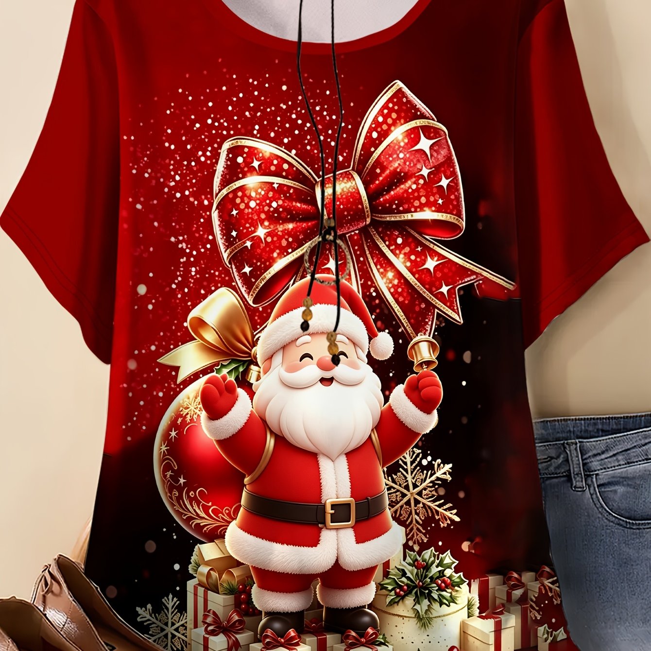 TEMU Plus Size Women's Round Neck Short Sleeve T-shirt, Burgundy Sequined Large Bow Bell Sleeves Christmas Santa Gift Box Decorations Print Loose