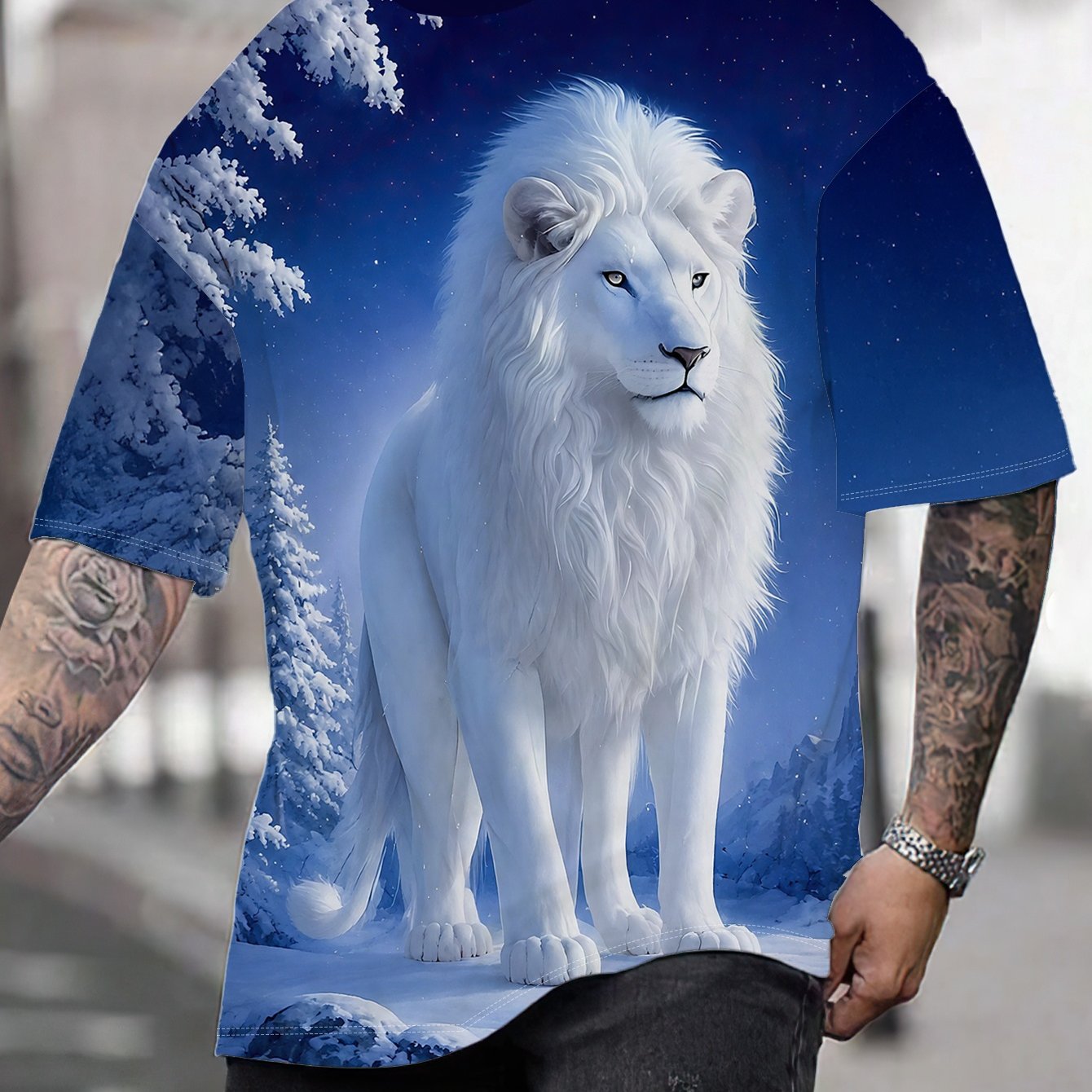 TEMU Men's Plus Size Short Sleeve T-shirt 100% Polyester Printed Snow White Summer Loose Breathable Crewneck Top Starry Sky Animal Print Big Size