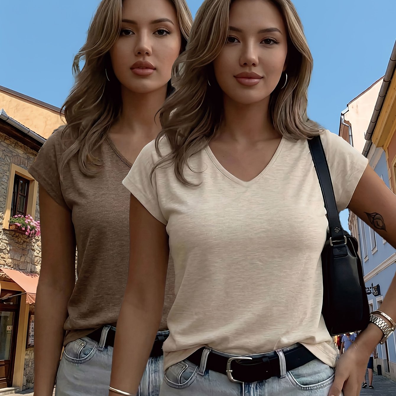 TEMU 2pack Summer New Style 2pcs Set Summer V-neck Short-sleeve T-shirt Women's Minimalist Solid Color Undershirt Solid Color Versatile And Slim-fit