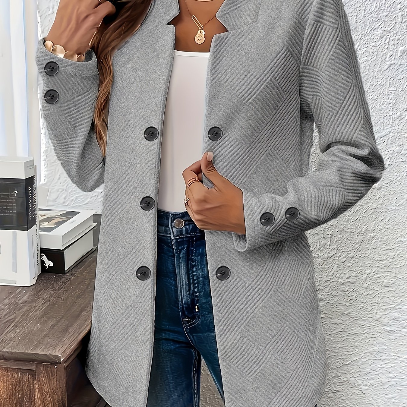Plus Size - Plus Size - Solid Texture Double-button Decor Pocket Long Sleeve Jacket