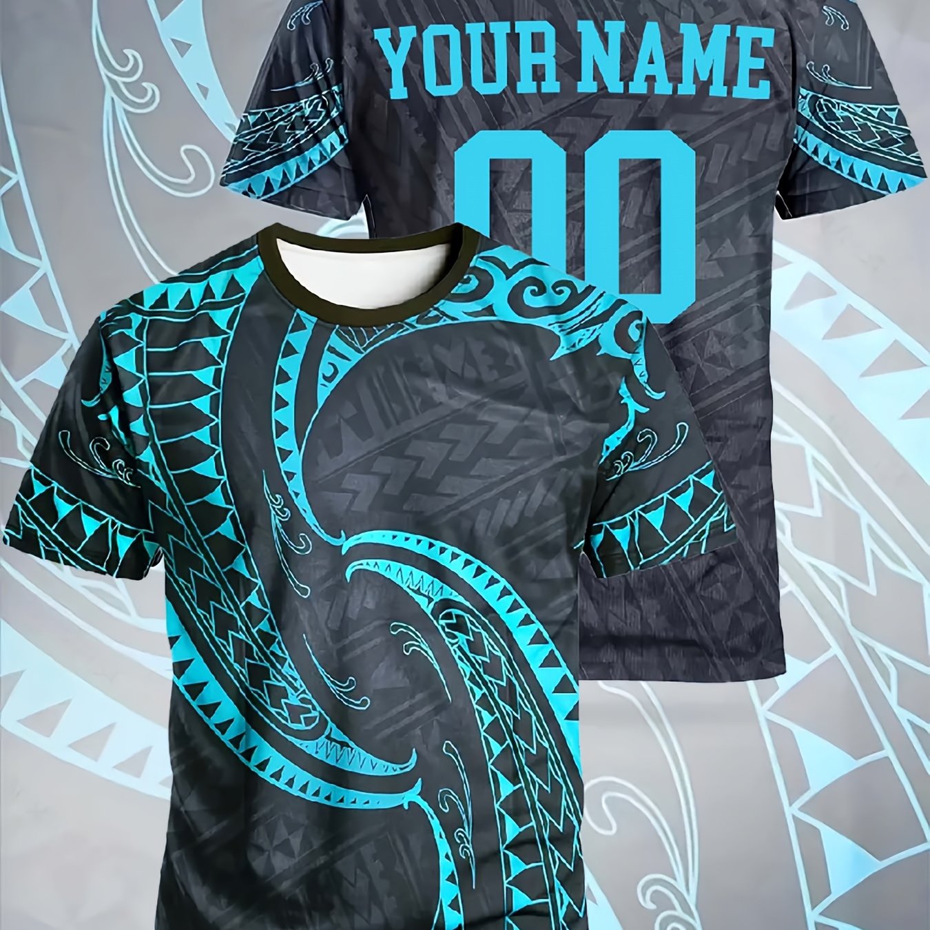 TEMU Custom Name& Number Polynesian Tribal Spiral Tattoo Print Short Sleeve T-shirt, Quick-dry Athletic Tee For , Soccer Matches, Island Fans&
