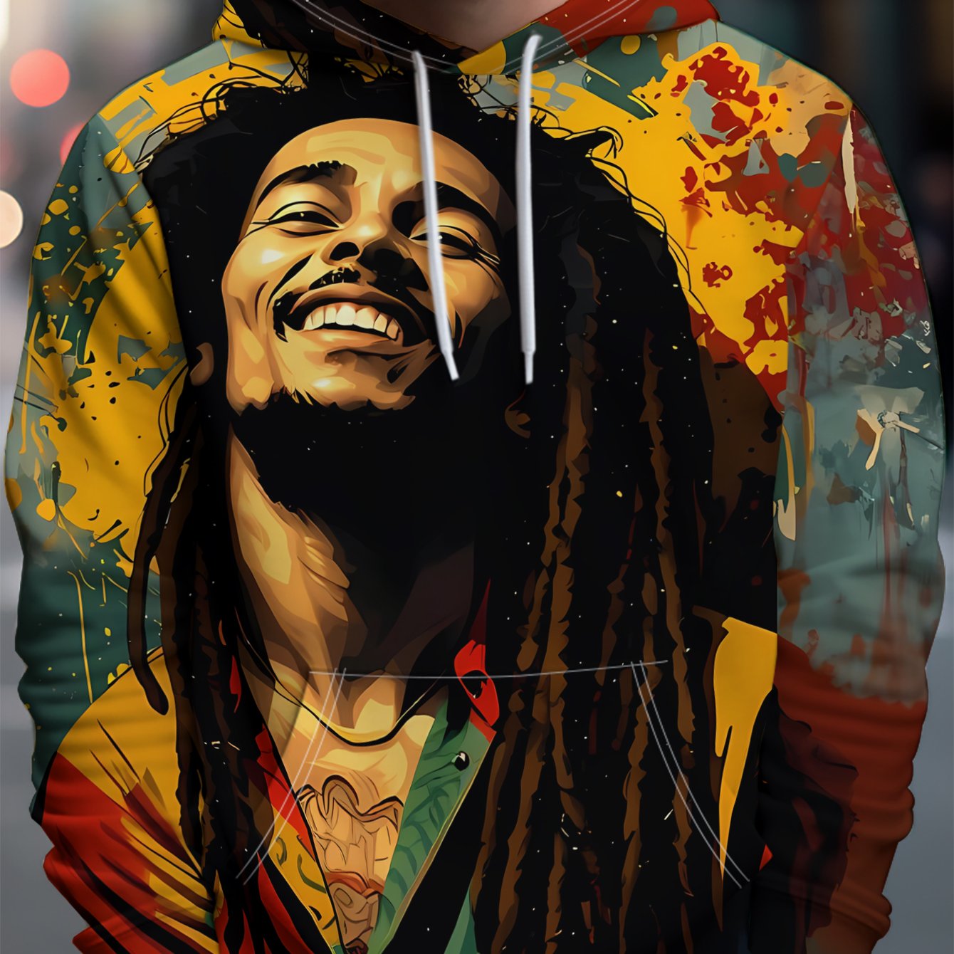 TEMU Men's Casual Hooded Sweatshirt With Artistic Print | Street Style, Rich Pattern Elements, Loose Fit, Drawstring Hood, Ideal For Daily And Casual