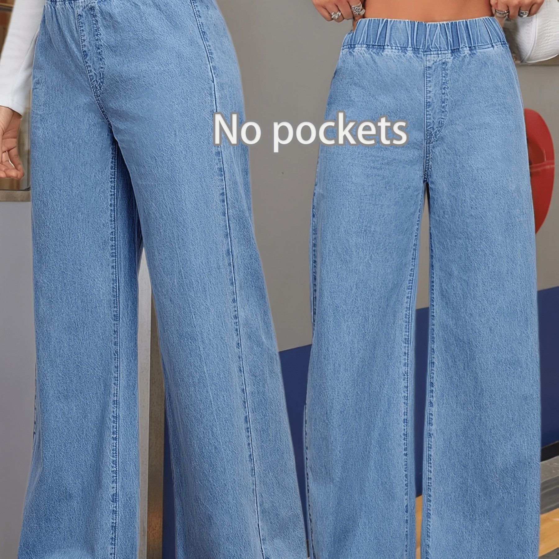 Women's Versatile Mid-blue Casual Stretch Waist Wide-leg Loose Regular Lightweight Denim Jeans