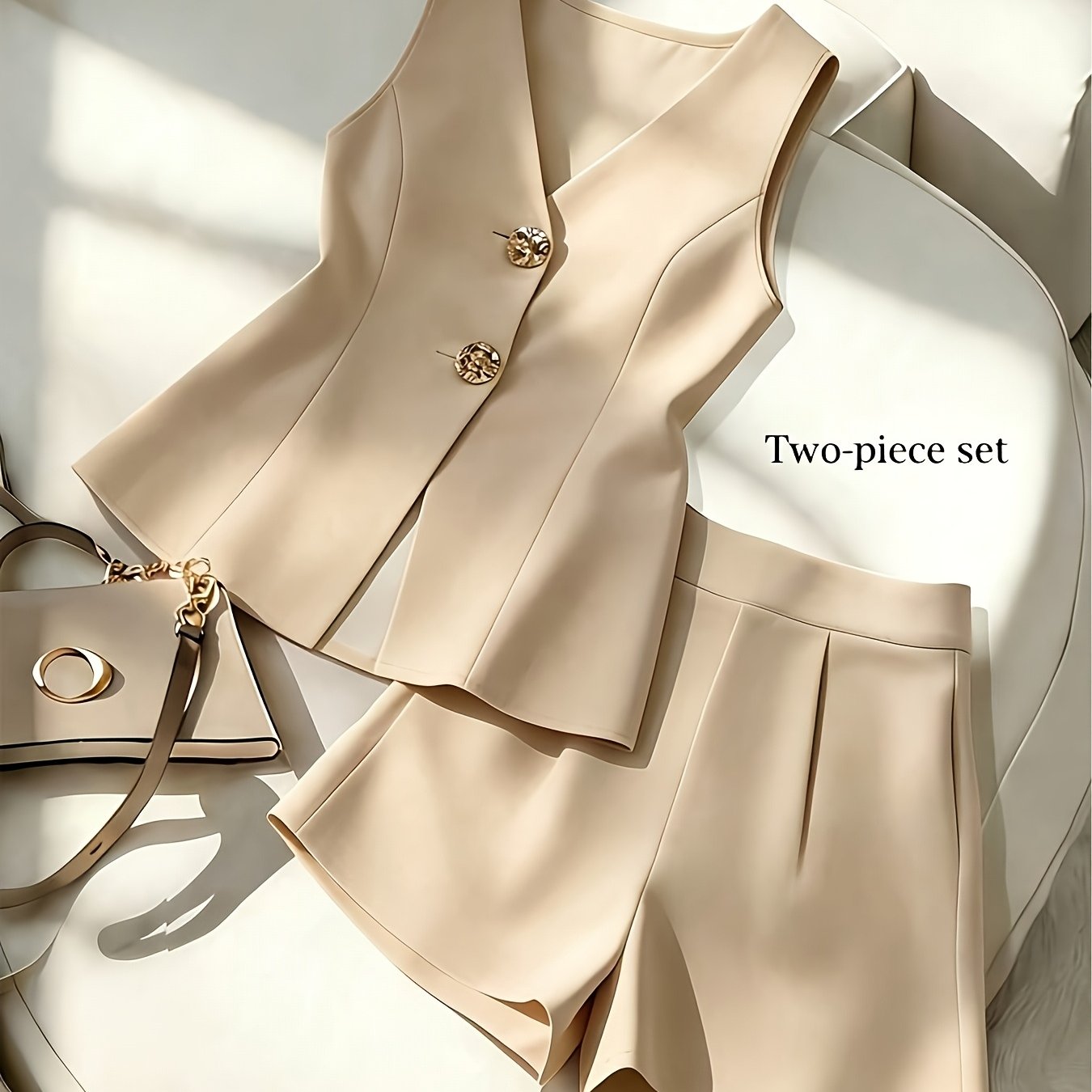 TEMU /summer Women's 2pcs Set, V-neck Top And Shorts, Elegant Women's Outfit, Professional Suit, Summer Set, Casual Set, Suit Set